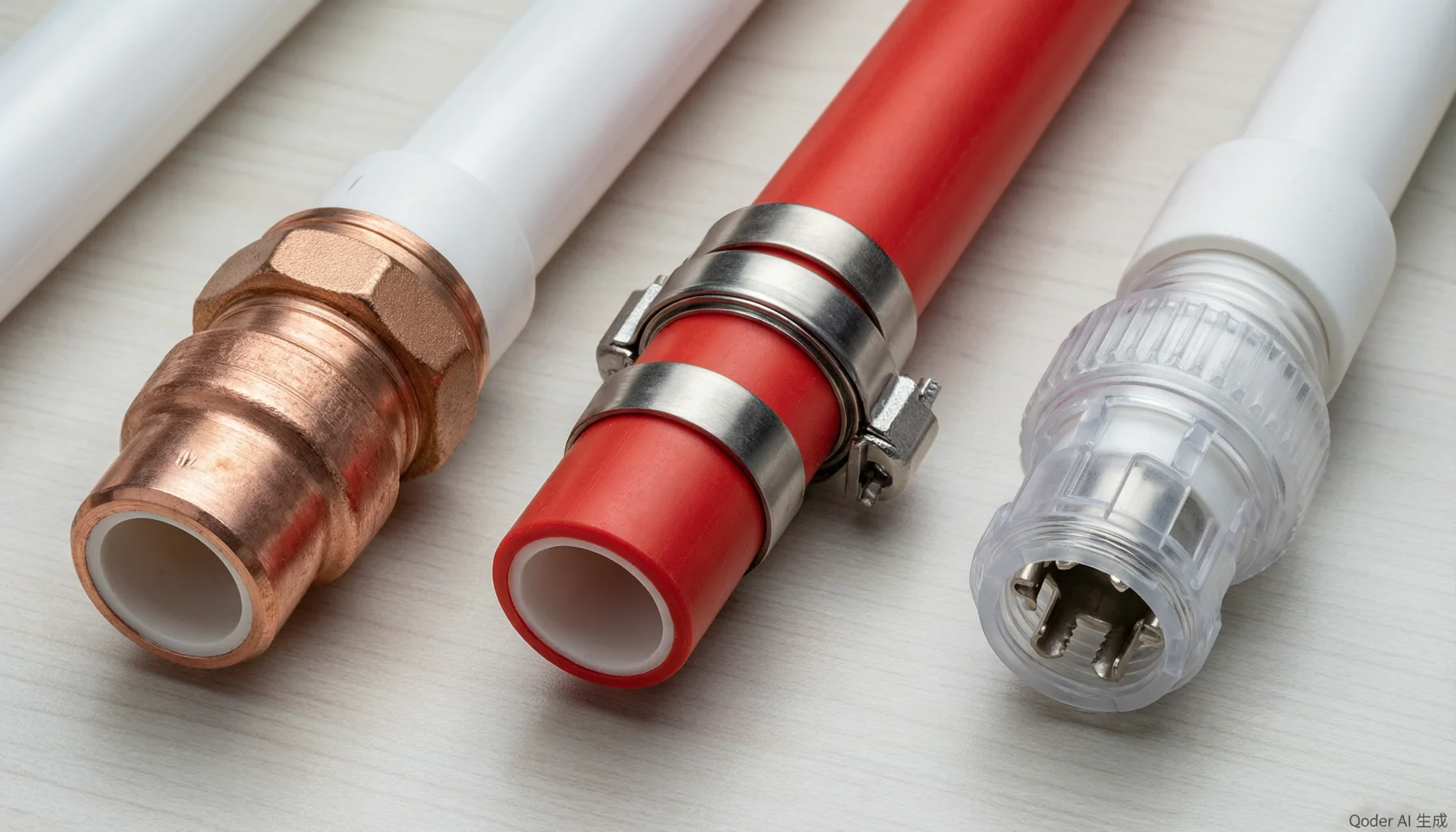 Cutaway comparison of PEX connection methods showing a crimp ring, a cinch clamp ring and a push-fit fitting on tubing