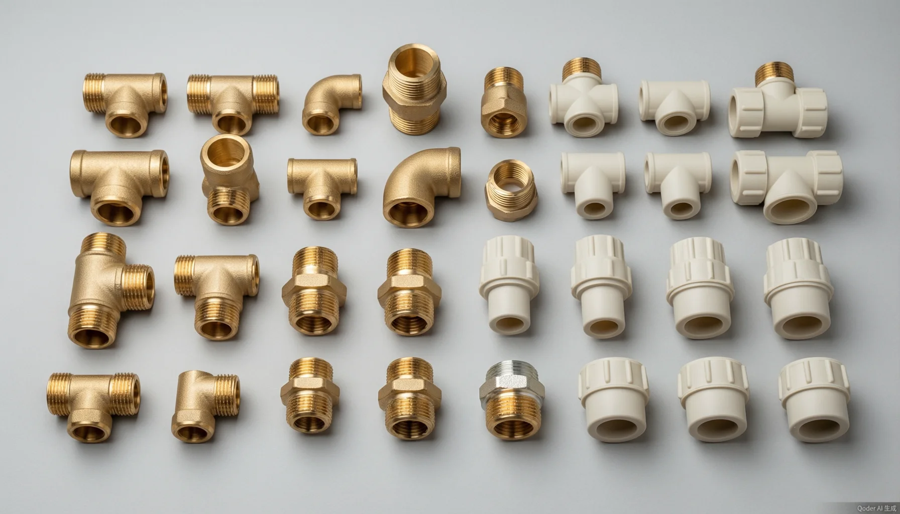 Complete catalog of PEX pipe fittings types including couplings, elbows, tees, adapters, unions, crosses, and caps