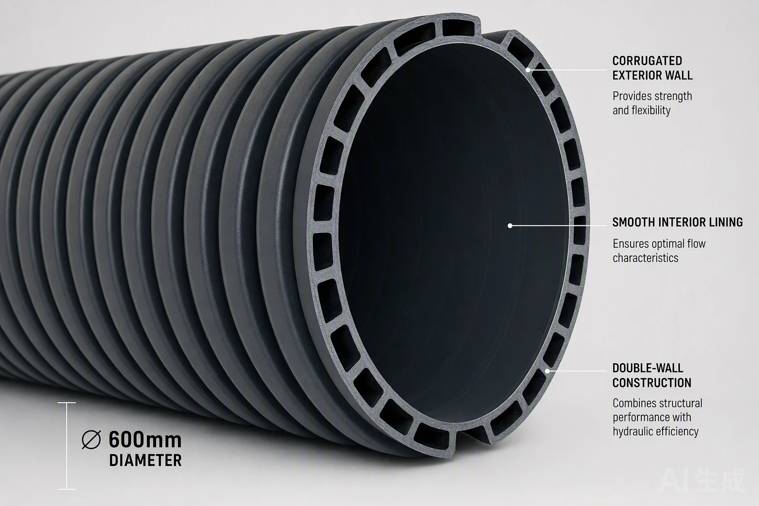 HDPE corrugated pipe cross-section showing double-wall structure with smooth interior and corrugated exterior