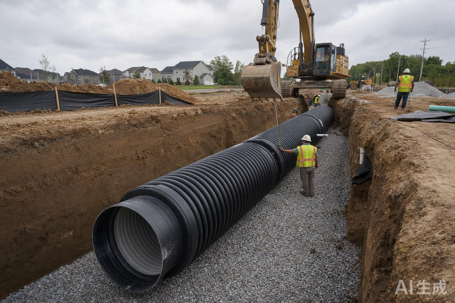 Polyethylene pipe being laid and bedded in an open trench during a buried pipeline installation