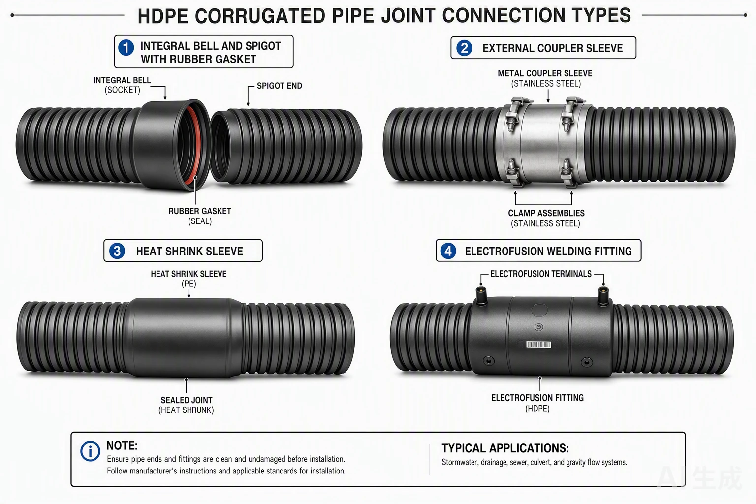 HDPE pipe joint connection types compared side by side, including fused and mechanical jointing methods