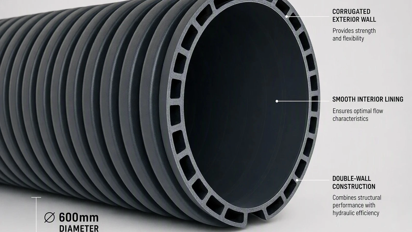 Cutaway of a 600 mm double-wall corrugated HDPE pipe showing the corrugated exterior wall, smooth interior lining and hollow double-wall structure a buyer verifies against the supplier's stated SDR and grade