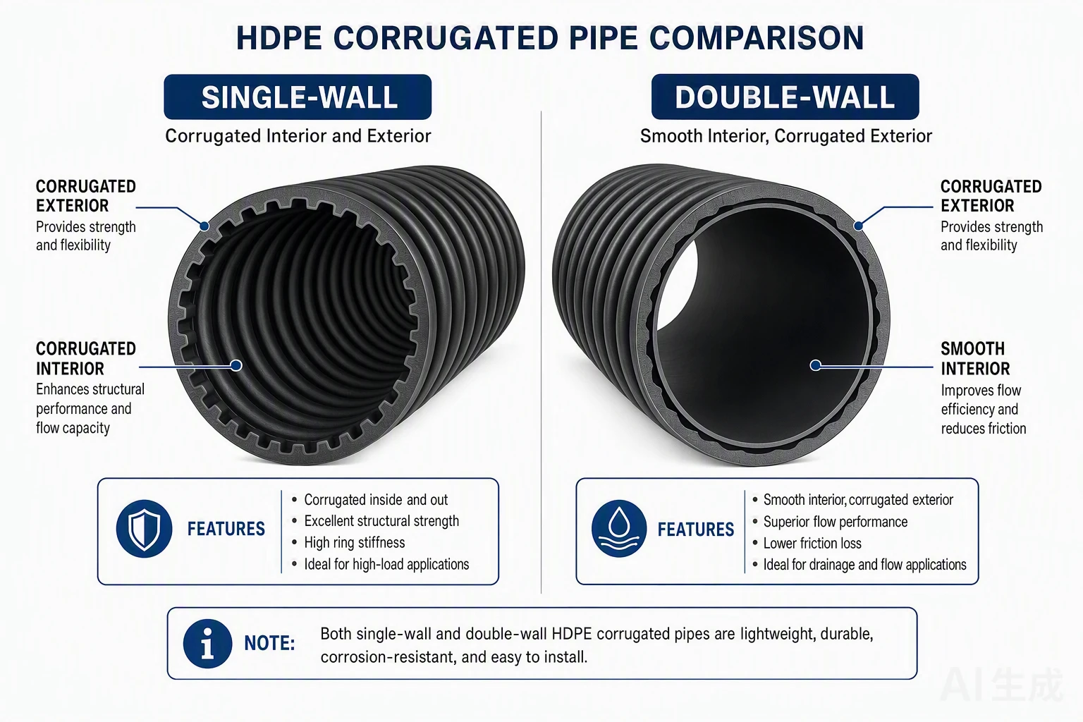 Single-wall vs double-wall HDPE corrugated pipe comparison showing corrugated interior vs smooth interior