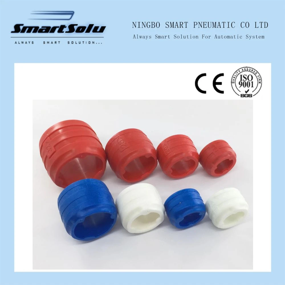 Close-up comparison of PEX crimp ring, clamp ring, and push-to-connect fitting showing connection method differences