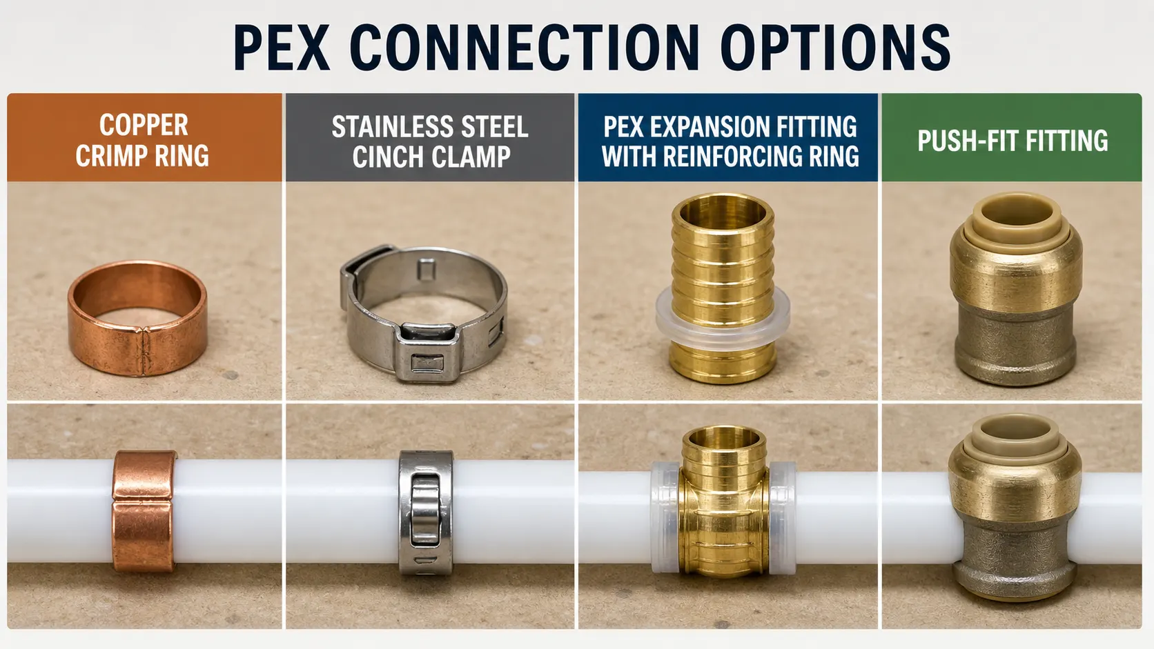 PEX connection hardware compared: copper crimp ring, stainless cinch clamp, expansion fitting with reinforcing ring and push-fit fitting