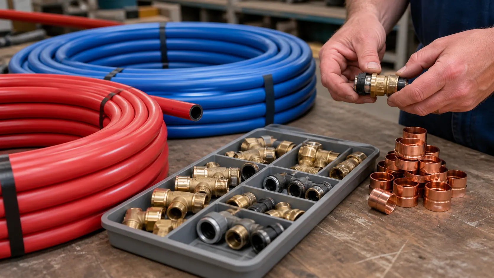 Red and blue PEX tubing coils with brass and polymer press fittings and copper crimp rings on a workbench