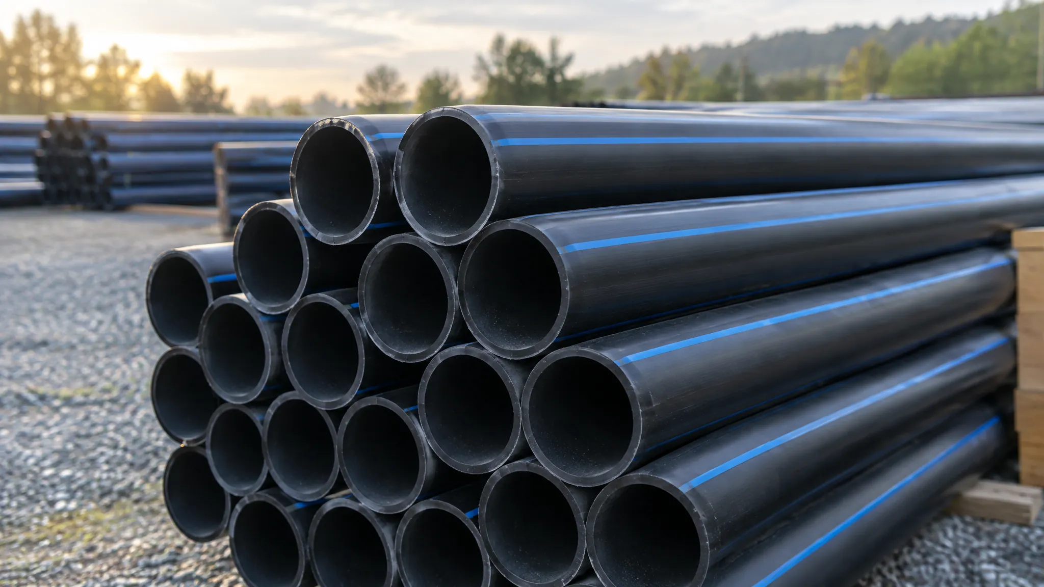 A stack of black polyethylene pressure water pipes with thin blue co-extruded stripes, seen from the pipe ends in an outdoor pipe yard in soft morning light