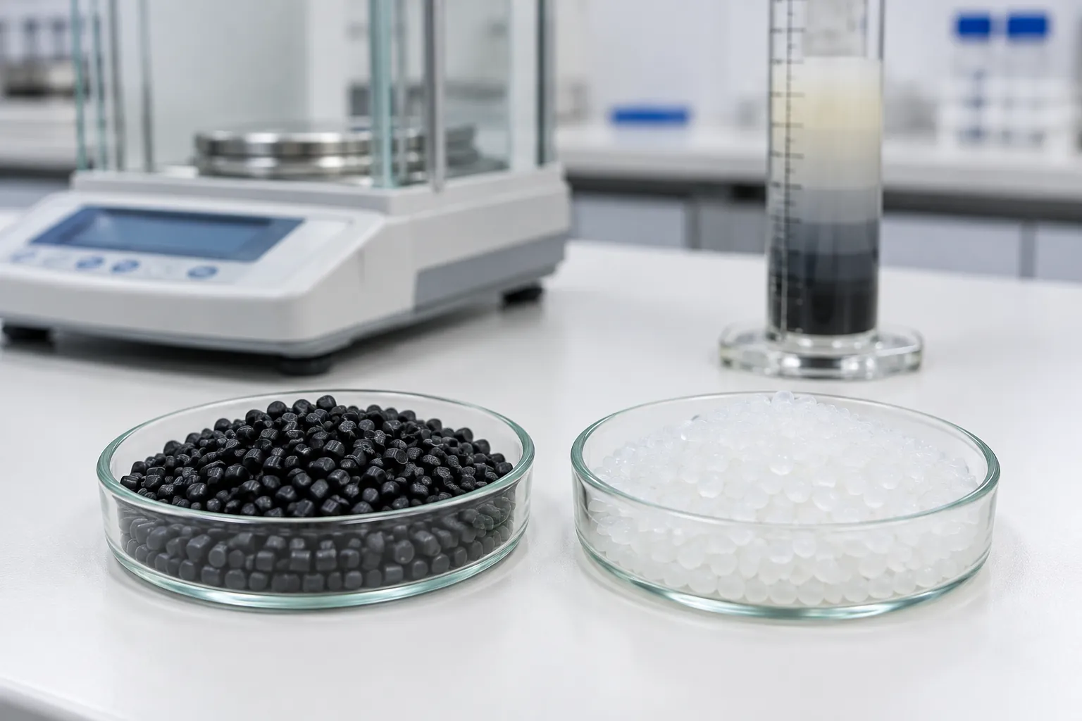 Two glass dishes on a white laboratory bench, one of matte black polyethylene compound pellets and one of translucent natural polyethylene pellets, with a precision balance and a density gradient column behind