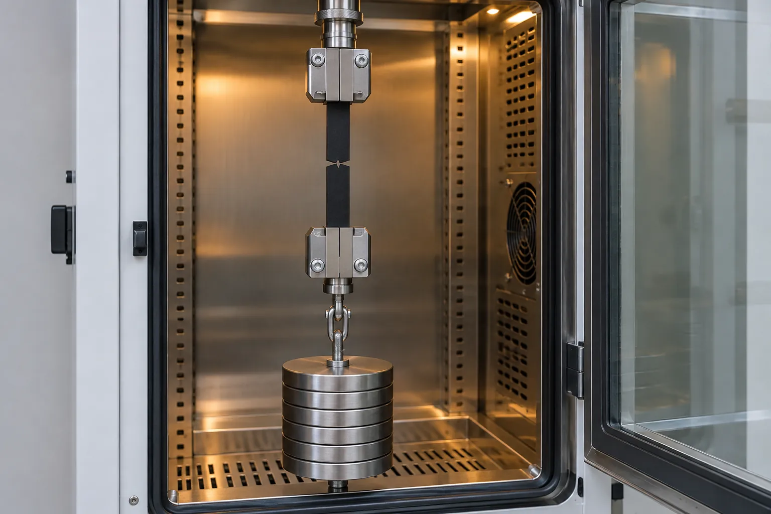 A small notched black polyethylene test bar held in stainless steel grips inside a heated test cabinet, with a stack of dead weights hanging below it to apply a constant load