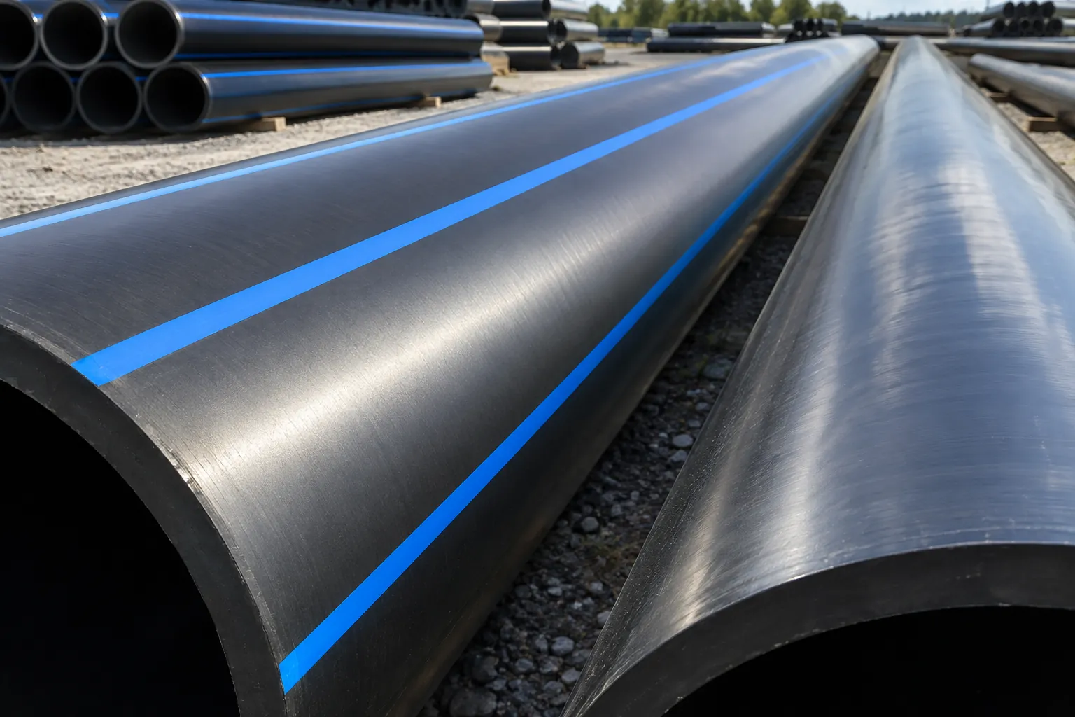 Two large-diameter black polyethylene pressure pipes lying side by side in a pipe yard, one with blue co-extruded stripes, their smooth extruded surfaces lit by raking daylight