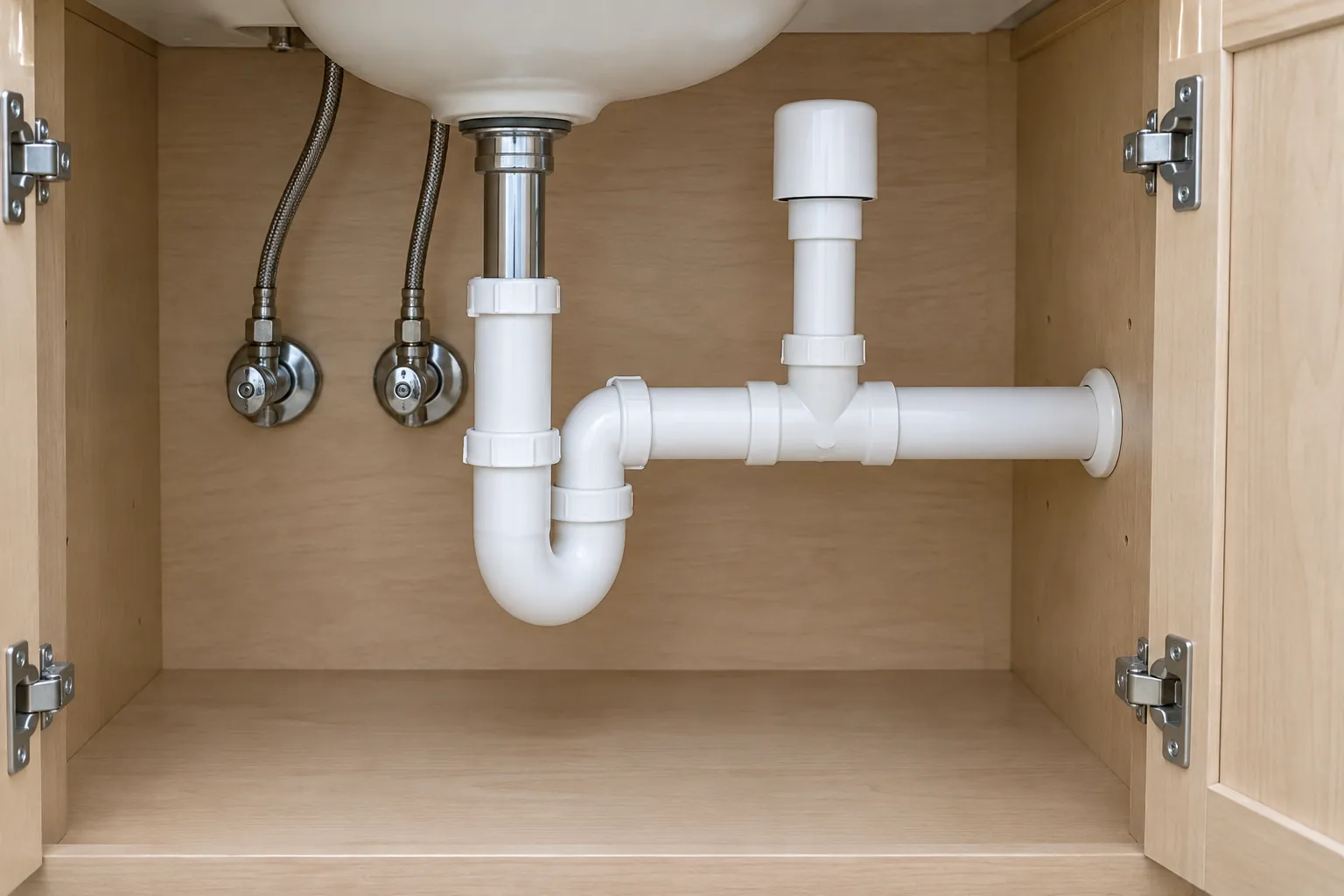 White air admittance valve on a short vertical PVC riser above the horizontal drain branch and P-trap under a bathroom vanity, cabinet doors open for access
