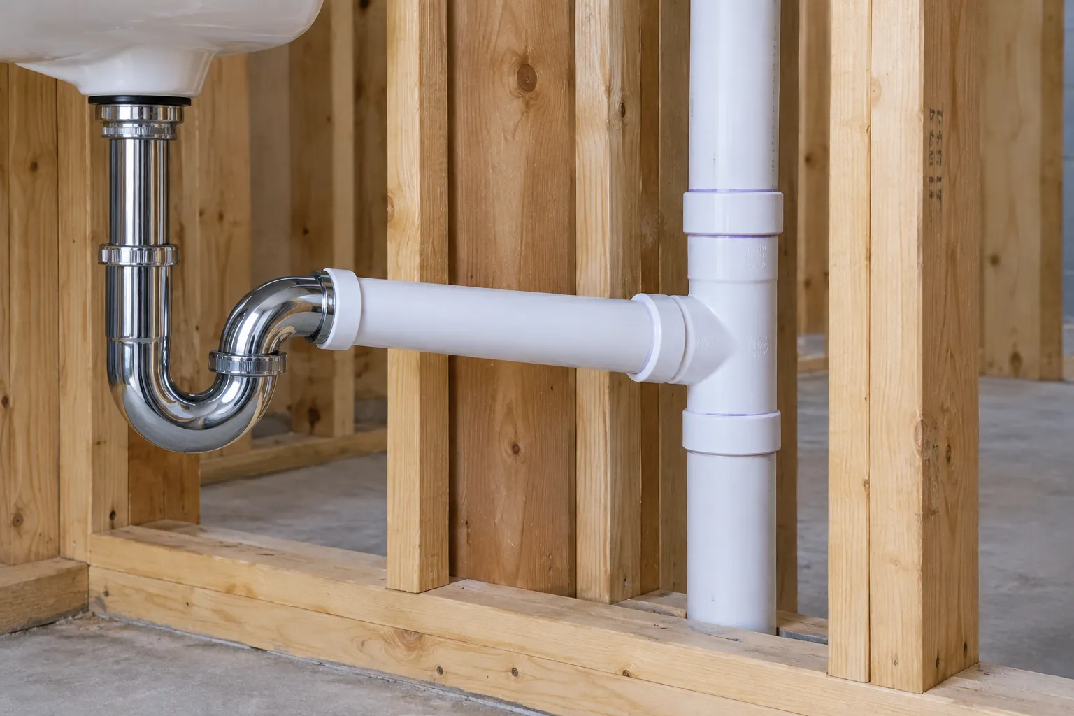 Chrome lavatory P-trap feeding a short horizontal white PVC trap arm into a sanitary tee, with the white PVC dry vent rising vertically through open wall studs