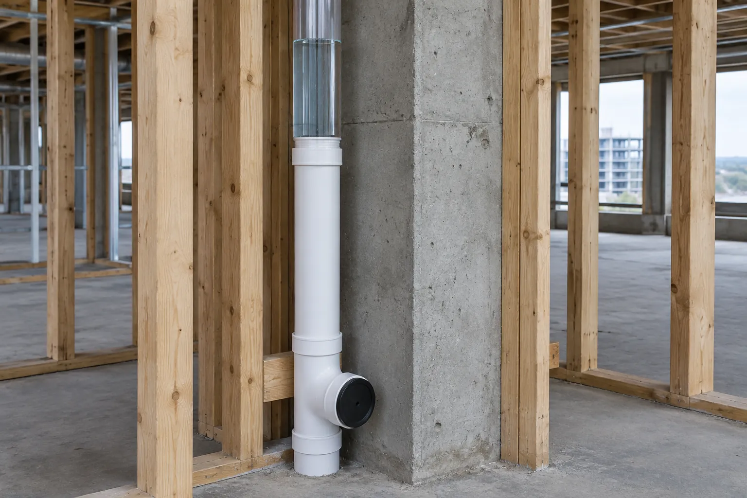 White PVC drain-waste-vent stack beside a concrete column at rough-in, the test tee near the floor closed with a black rubber plug and a clear pipe extension above holding a column of water