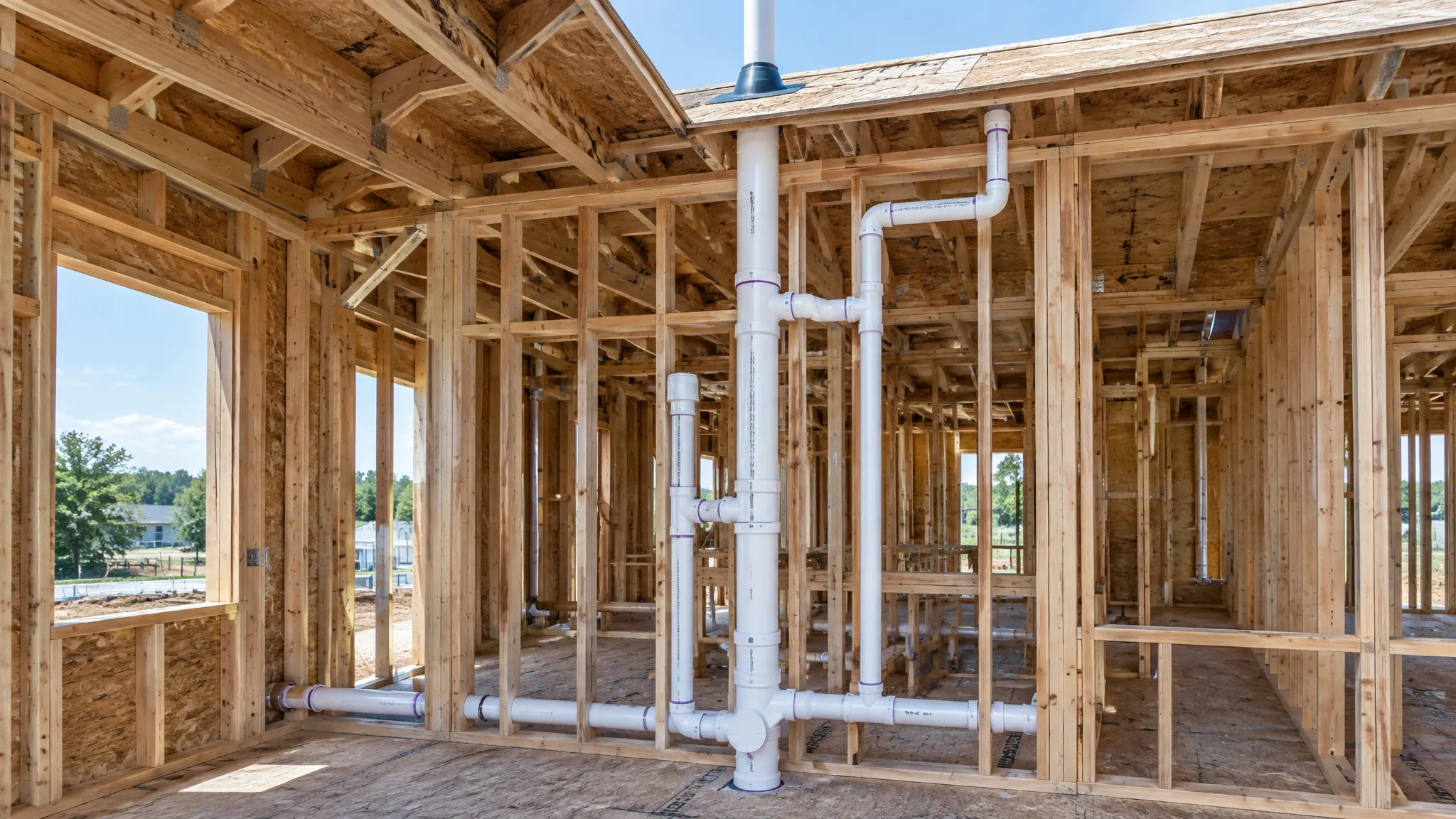 White PVC drain-waste-vent stack with branch vents and sanitary tees rising through the open timber framing of a house under construction, the vent pipe passing through the roof deck
