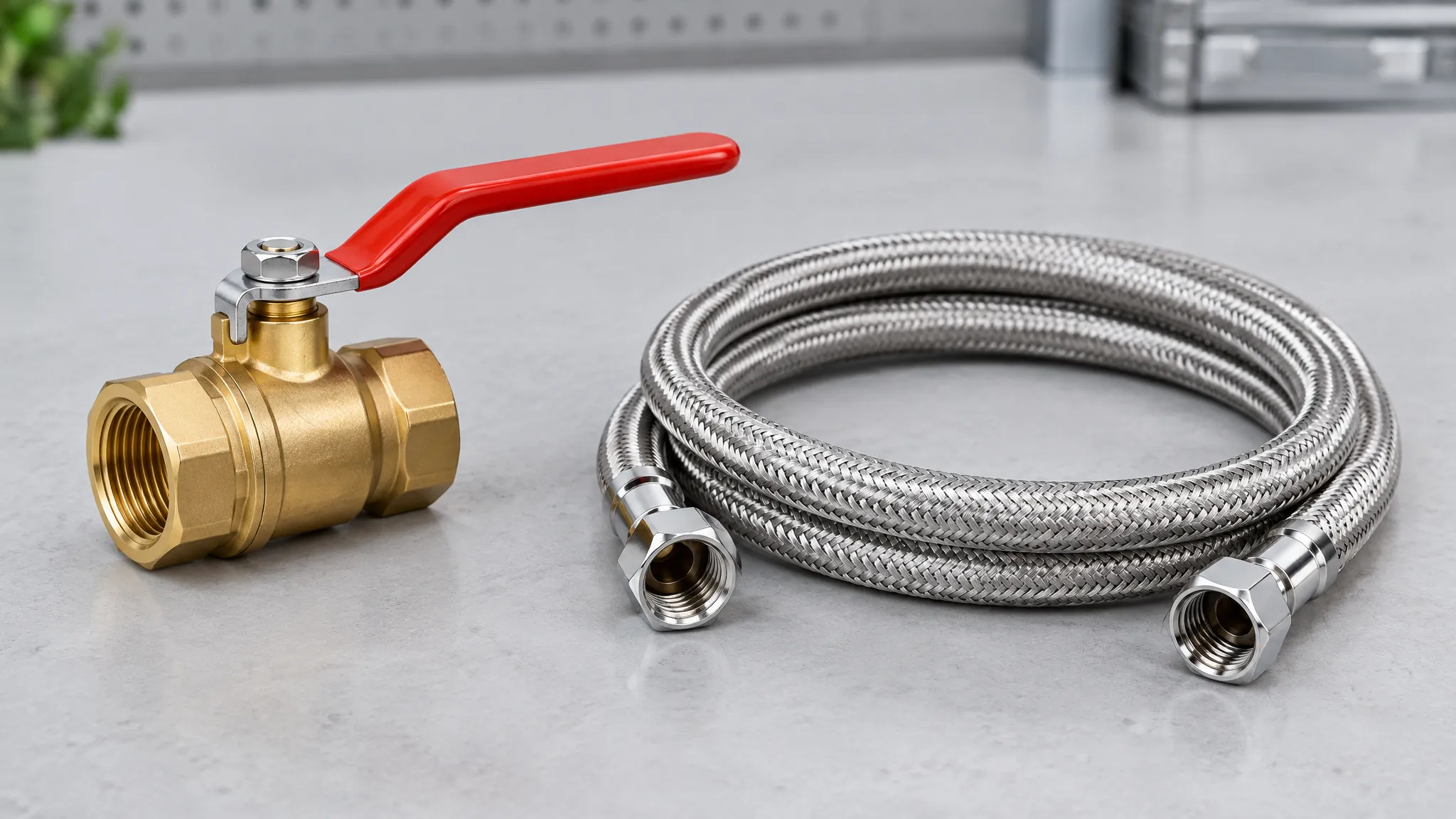 Polished brass quarter-turn ball valve with a red lever handle beside a coiled stainless steel braided flexible water hose with chrome hex nut fittings, on a grey workbench