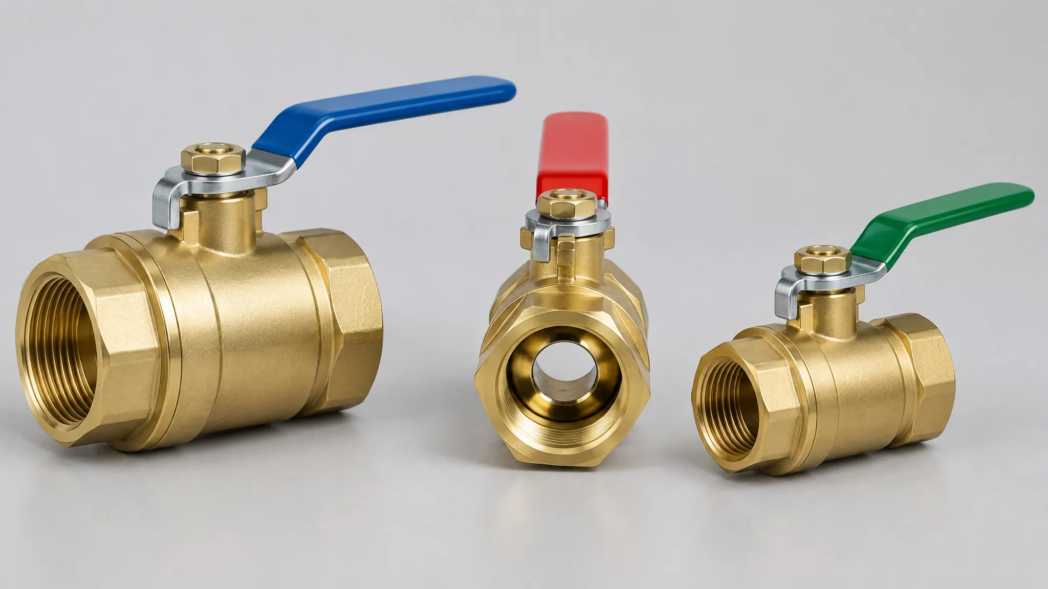 Three unmarked brass ball valves of different sizes on a grey studio surface, the middle one turned end-on so the round opening through the ball is visible