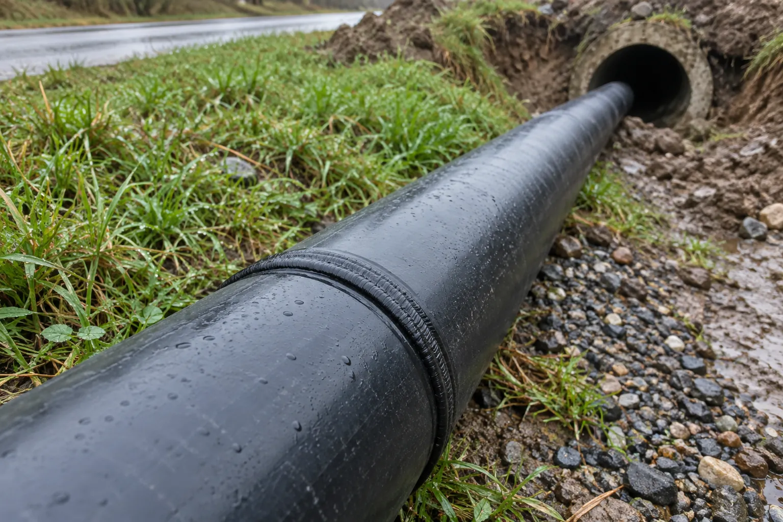 Close view of a butt-fusion joint on a black HDPE pipe string laid along a wet grass verge, the raised external weld bead forming a continuous ring around the pipe, with the open end of an existing concrete host pipe visible ahead