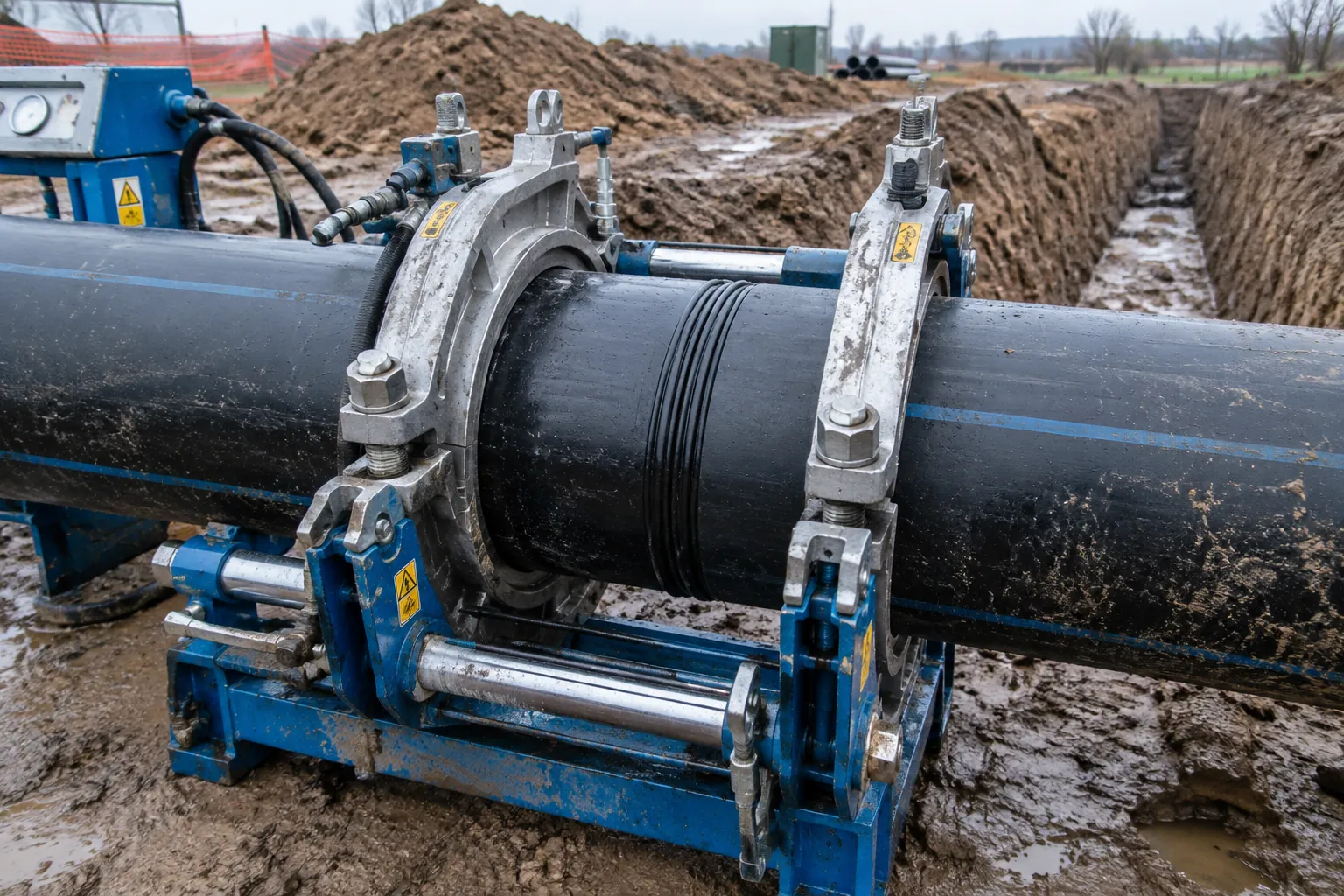 Hydraulic butt-fusion machine clamping two black HDPE pipe ends at the edge of an open trench