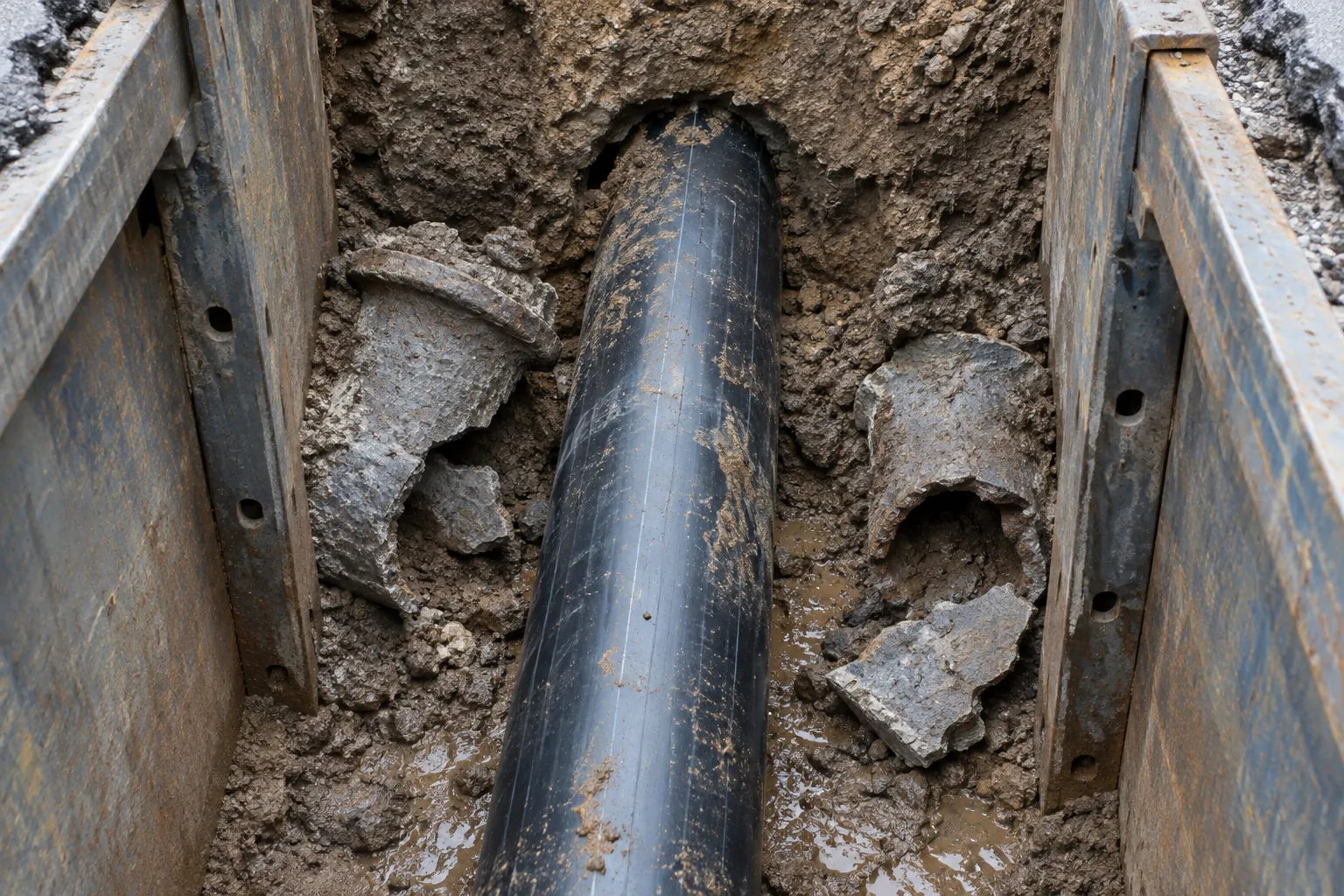Looking down into a shored exit pit where a new black HDPE pipe emerges from the ground between broken grey cast iron host pipe fragments and wet soil, the HDPE surface streaked with mud and light scoring