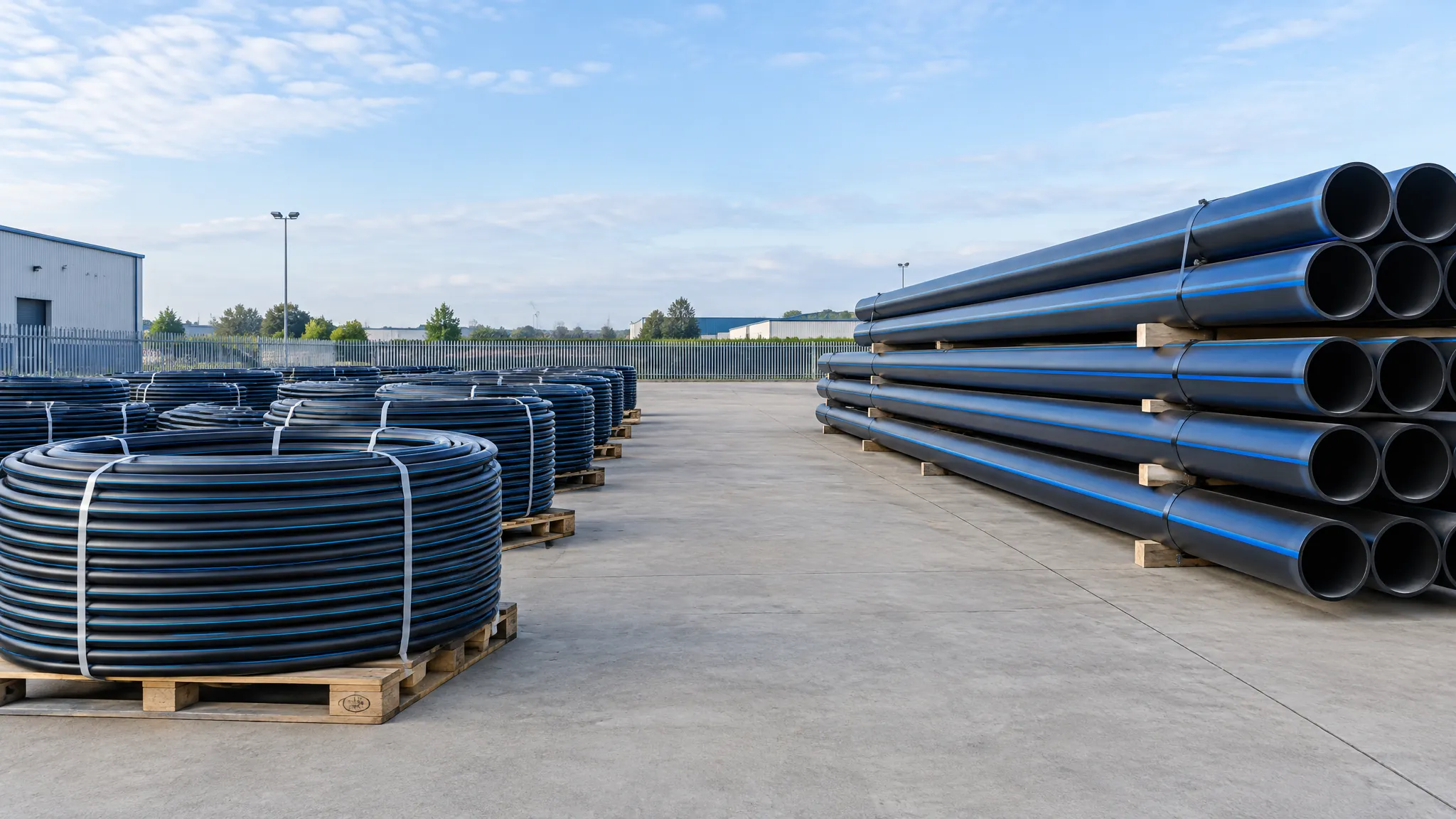 Coils of small-diameter black HDPE water pipe on timber pallets on the left and a stack of larger-diameter straight HDPE pipe lengths on bearers on the right, in an open concrete depot yard