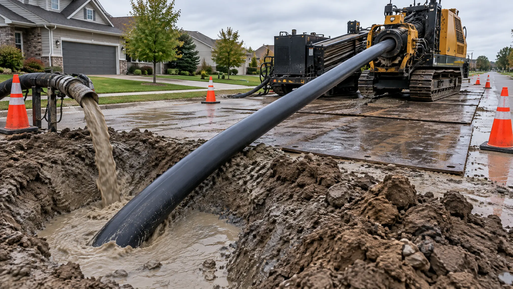 A black HDPE pipe string curving down into a drilling-fluid-filled entry pit on a suburban street during a horizontal directional drilling pullback, with a tracked drill rig, steel road plates and mud return behind it