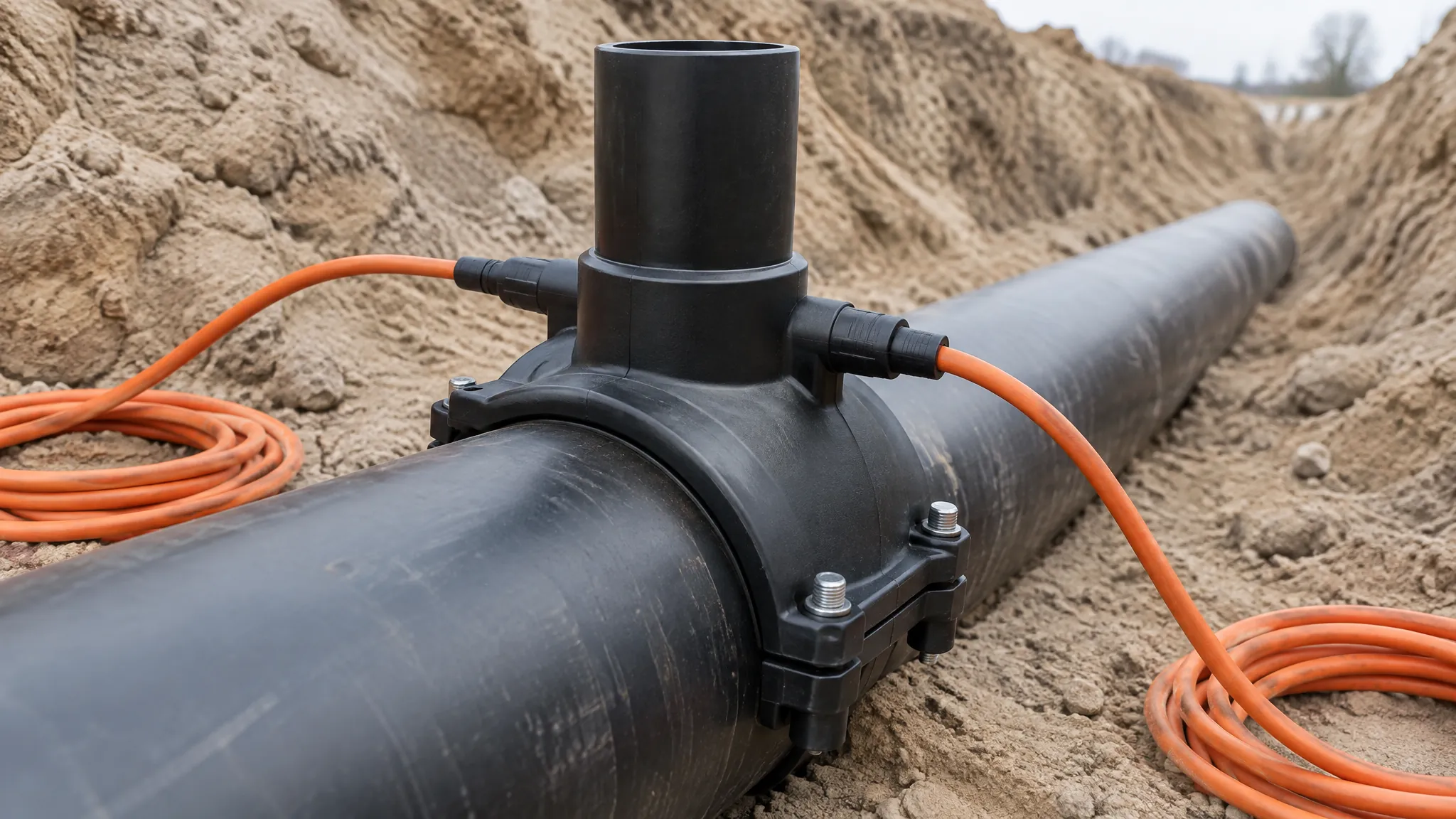 Electrofusion saddle fitting clamped onto a black HDPE water main in an open trench, orange fusion welding leads coiled on the sand beside it