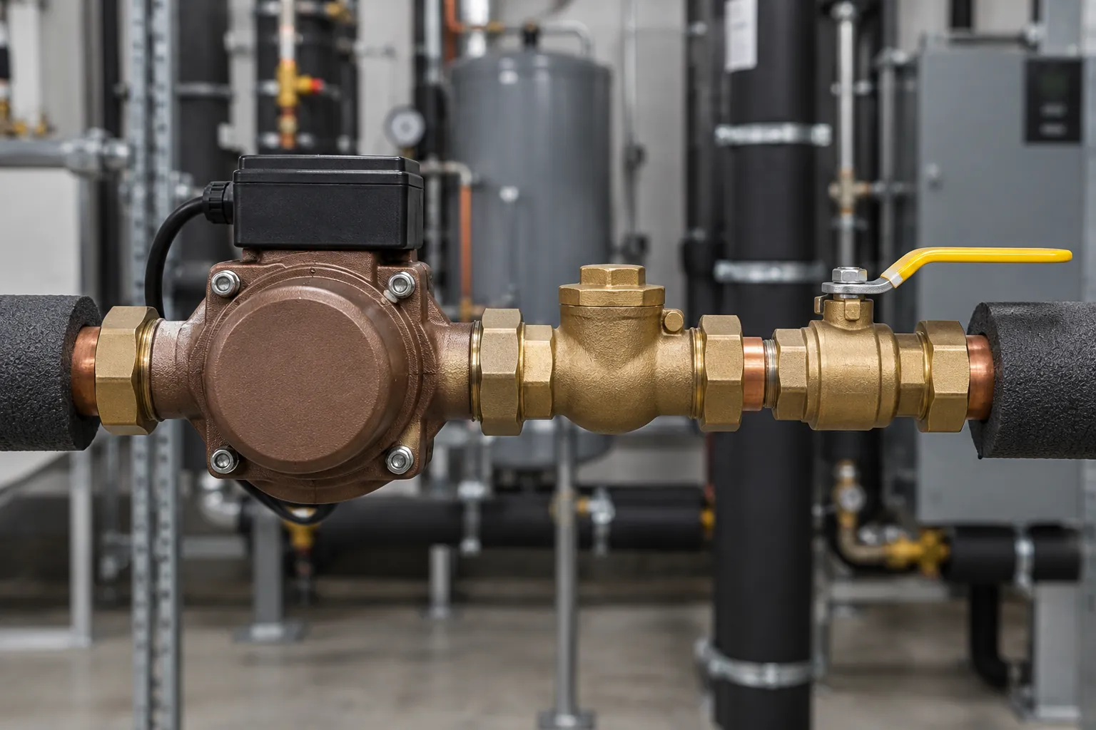 Close view of a bronze circulator pump, a brass swing check valve and a brass ball valve assembled in line on an insulated hot-water recirculation return branch in a mechanical room