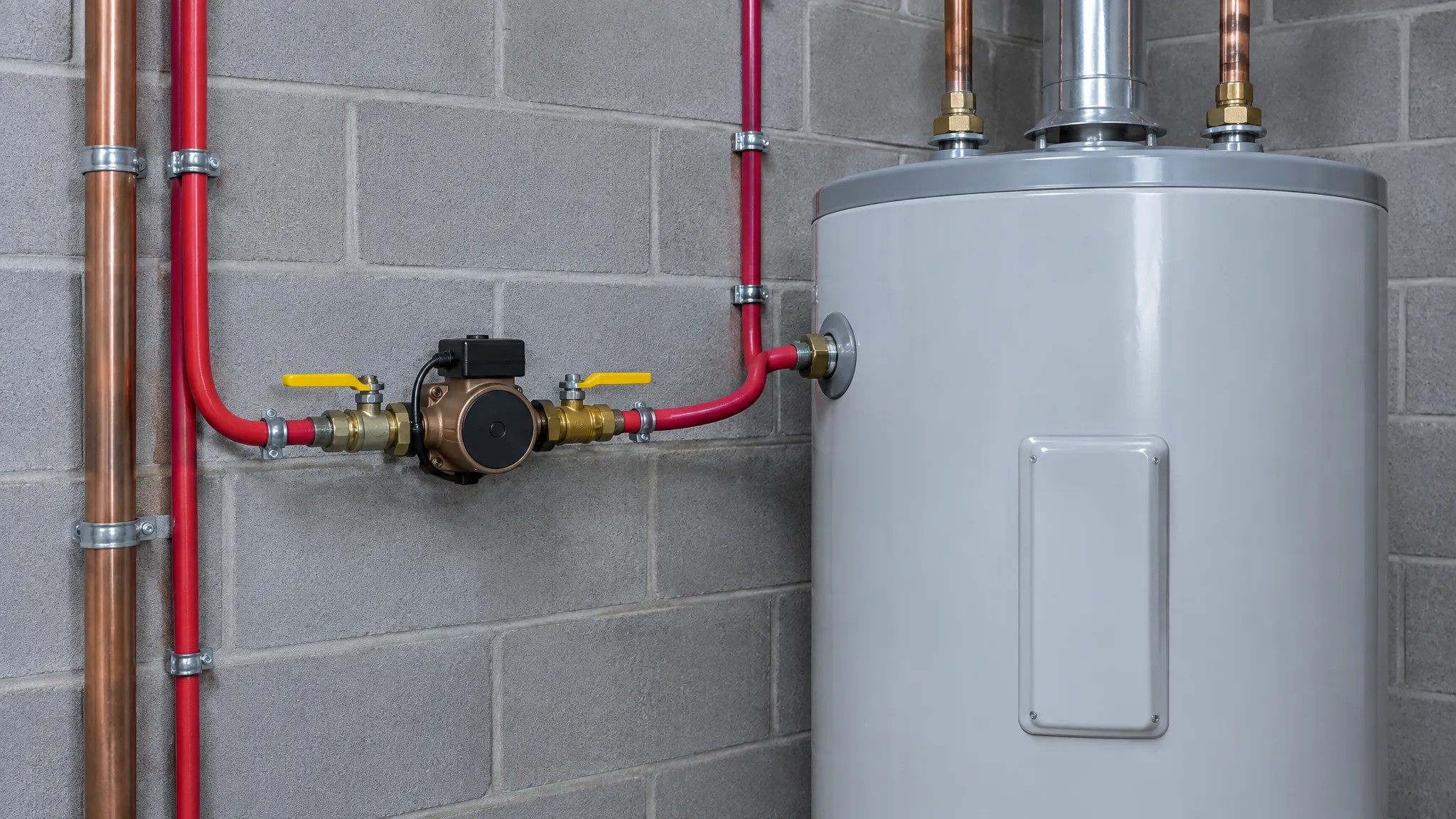 Red PEX hot-water return branch with a bronze circulator pump and two brass ball valves tying into the side of an unbranded commercial storage water heater, copper risers clipped to a grey block mechanical-room wall