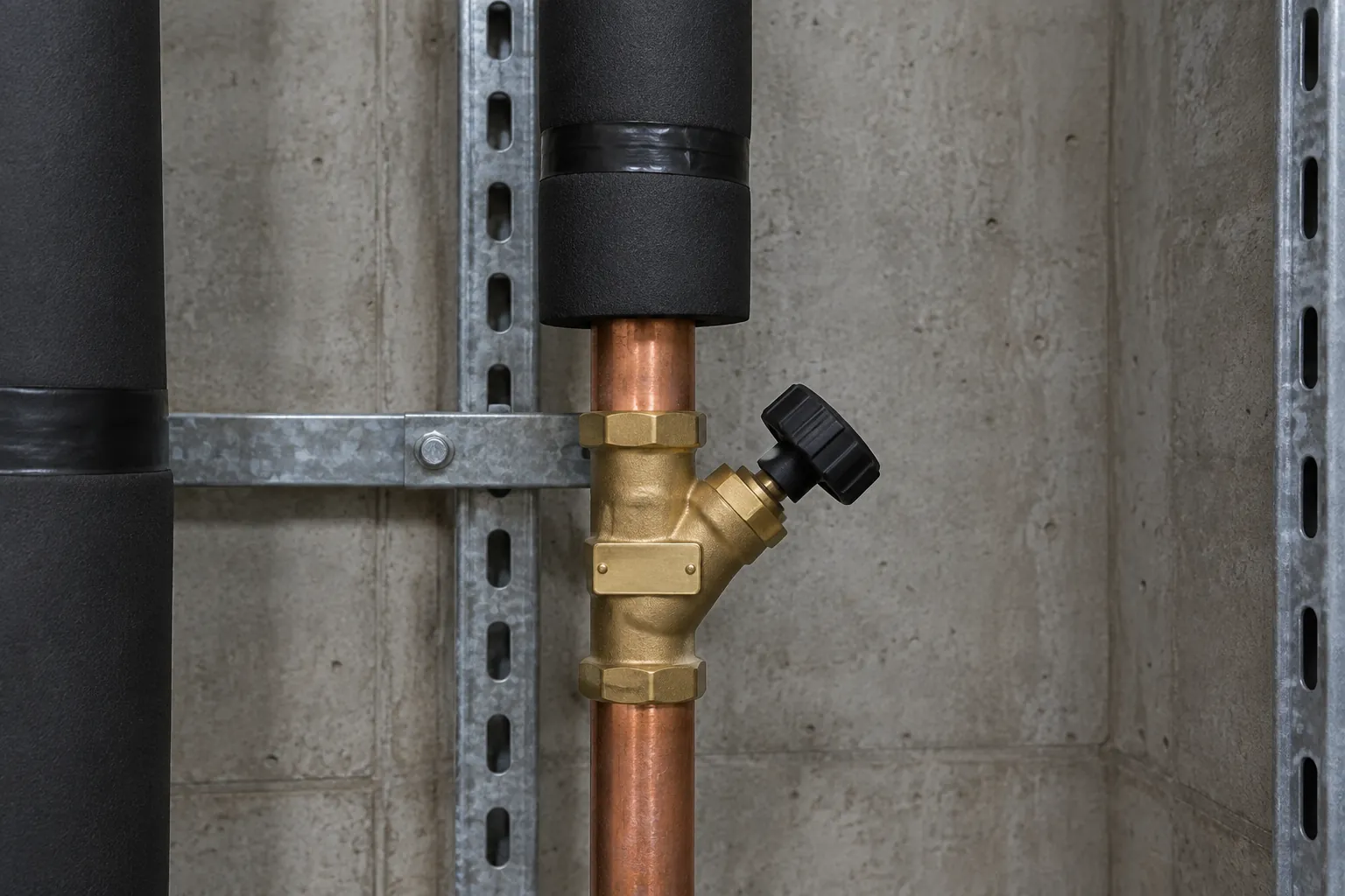 A copper hot-water return riser in a concrete plumbing shaft, black closed-cell insulation ending just above a plain brass balancing valve with a black adjustment knob