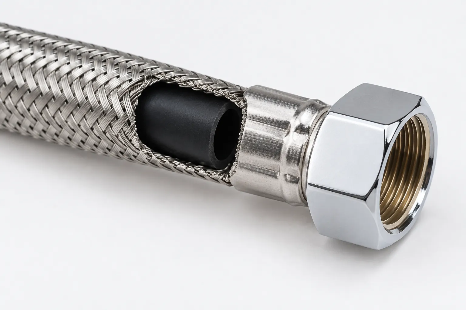 Cutaway of a stainless steel braided flexible water hose showing the black rubber inner tube, the woven stainless steel wire braid, the crimped stainless sleeve and the chrome-plated brass hex nut with its internal thread