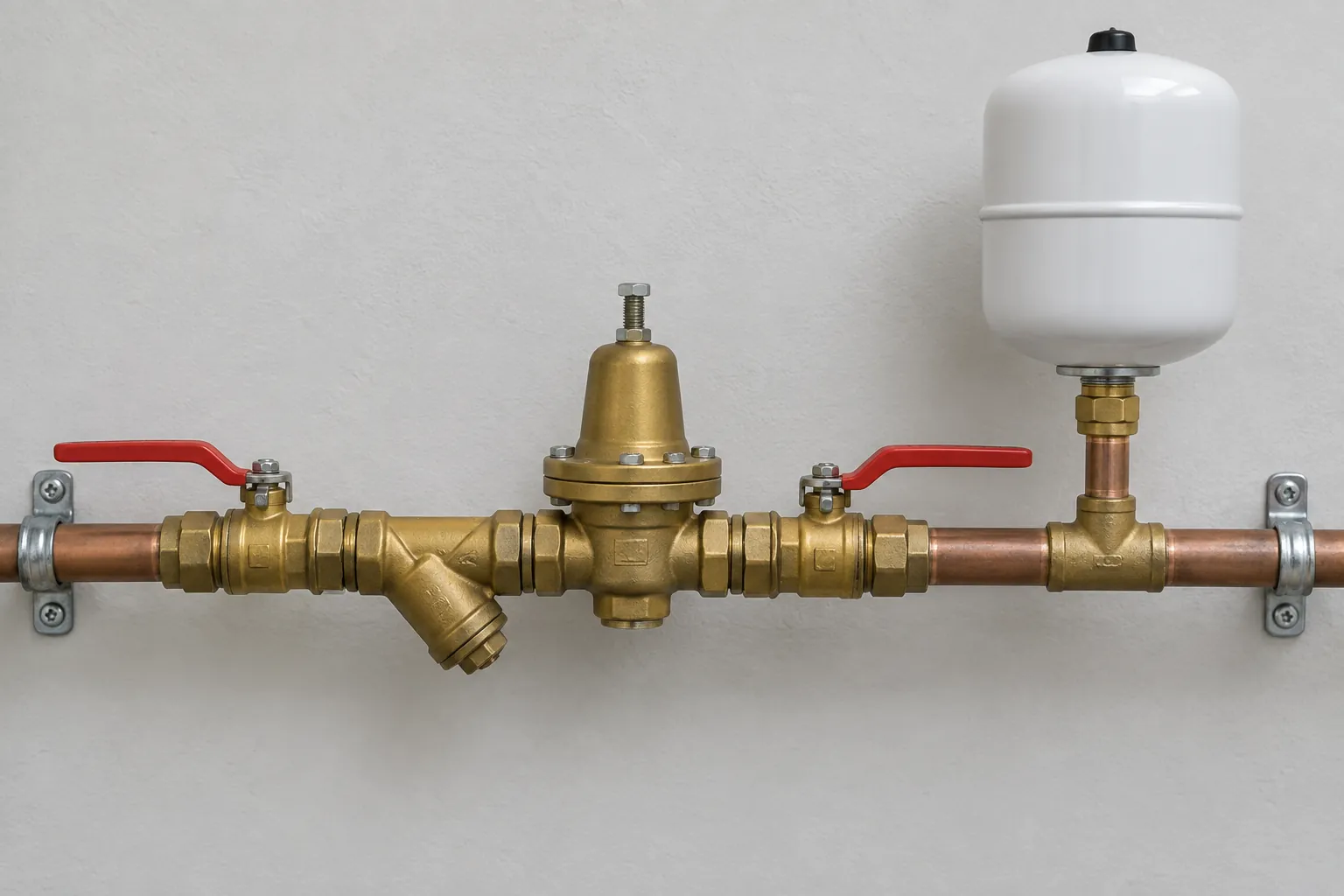 Pressure reducing valve station on copper pipe: brass ball valve, Y-strainer, bell-topped pressure reducing valve, second ball valve and a tee to a white thermal expansion tank