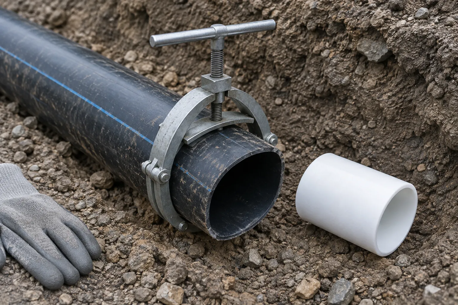 Steel re-rounding clamp with a T-handle screw fitted around the end of a black HDPE water pipe in a trench, holding the pipe end round before a coupler is fitted