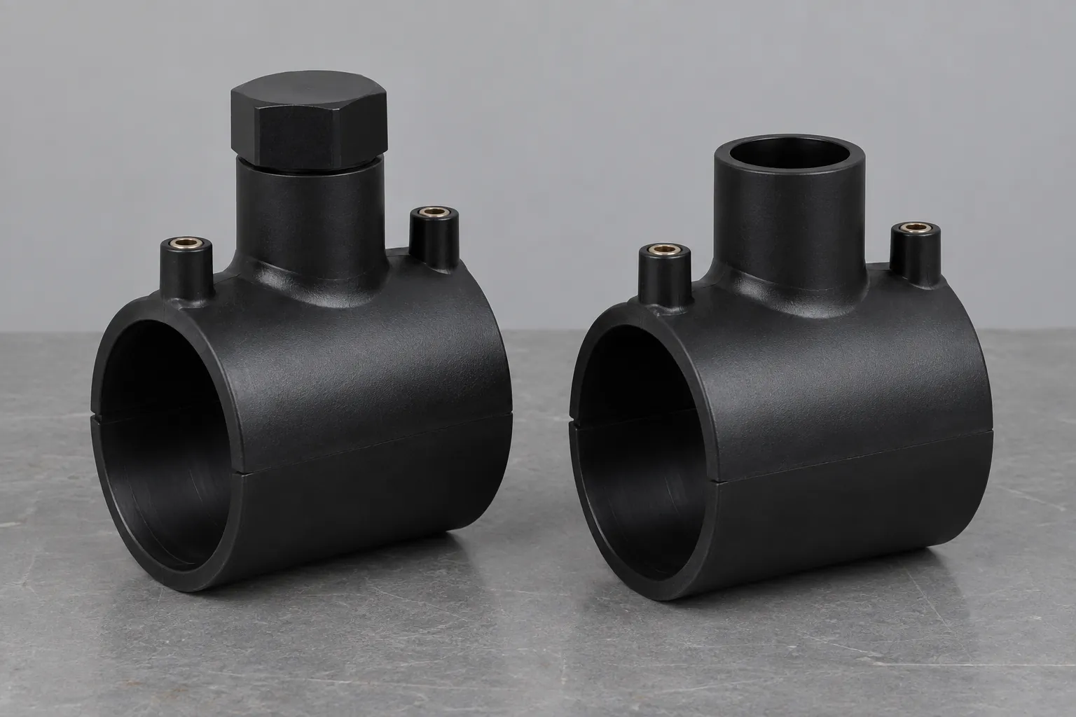 Two black HDPE electrofusion saddle fittings side by side: the left carries a hexagonal cap over its integral cutter, the right has an open outlet and no cutter