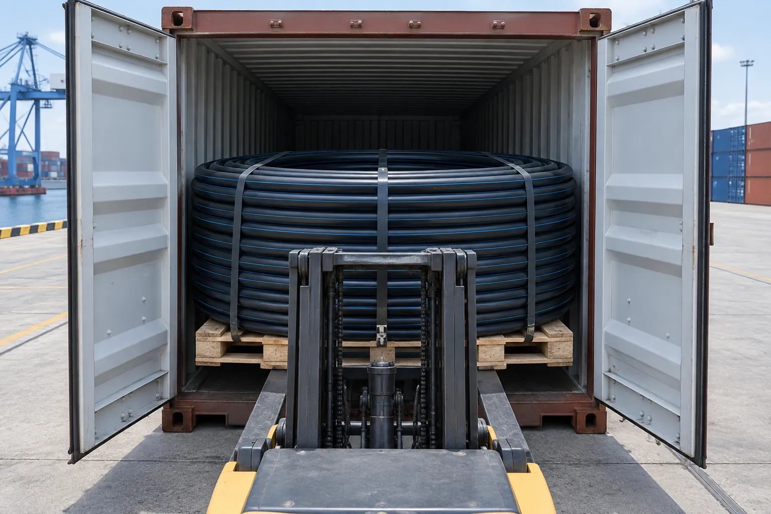 Forklift pushing a large strapped coil of black HDPE pipe on a pallet through the open rear doors of an empty shipping container, the coil nearly filling the door width