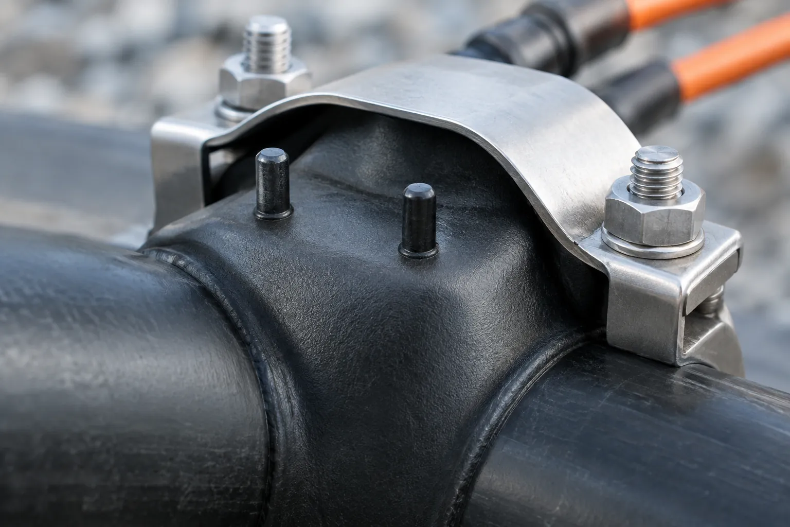 Close-up of two raised melt indicator pins on a black HDPE electrofusion saddle, with a stainless alignment clamp still bolted over the fitting and fusion leads attached