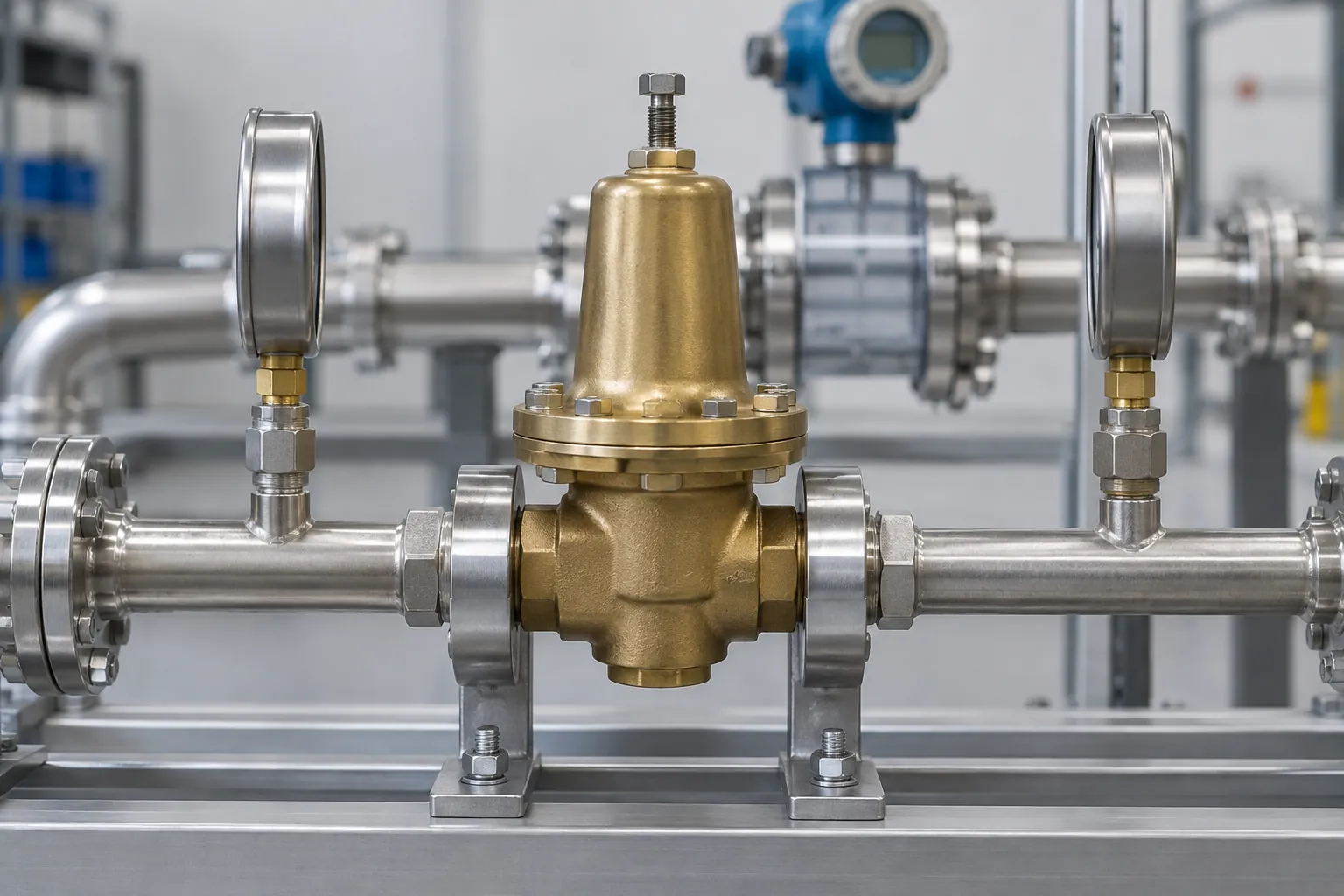 Brass pressure reducing valve clamped on a flow test bench between an upstream and a downstream pressure gauge, with test pipework and a flow meter behind