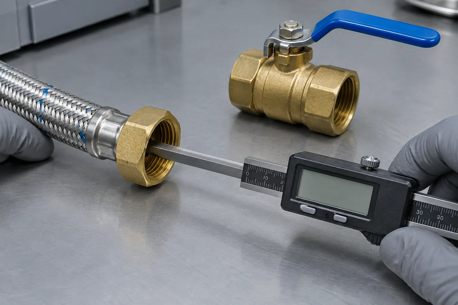 Gloved hands measuring the internal thread depth of a brass female hex nut on a braided water hose with a digital caliper depth rod, a brass ball valve on the inspection bench behind