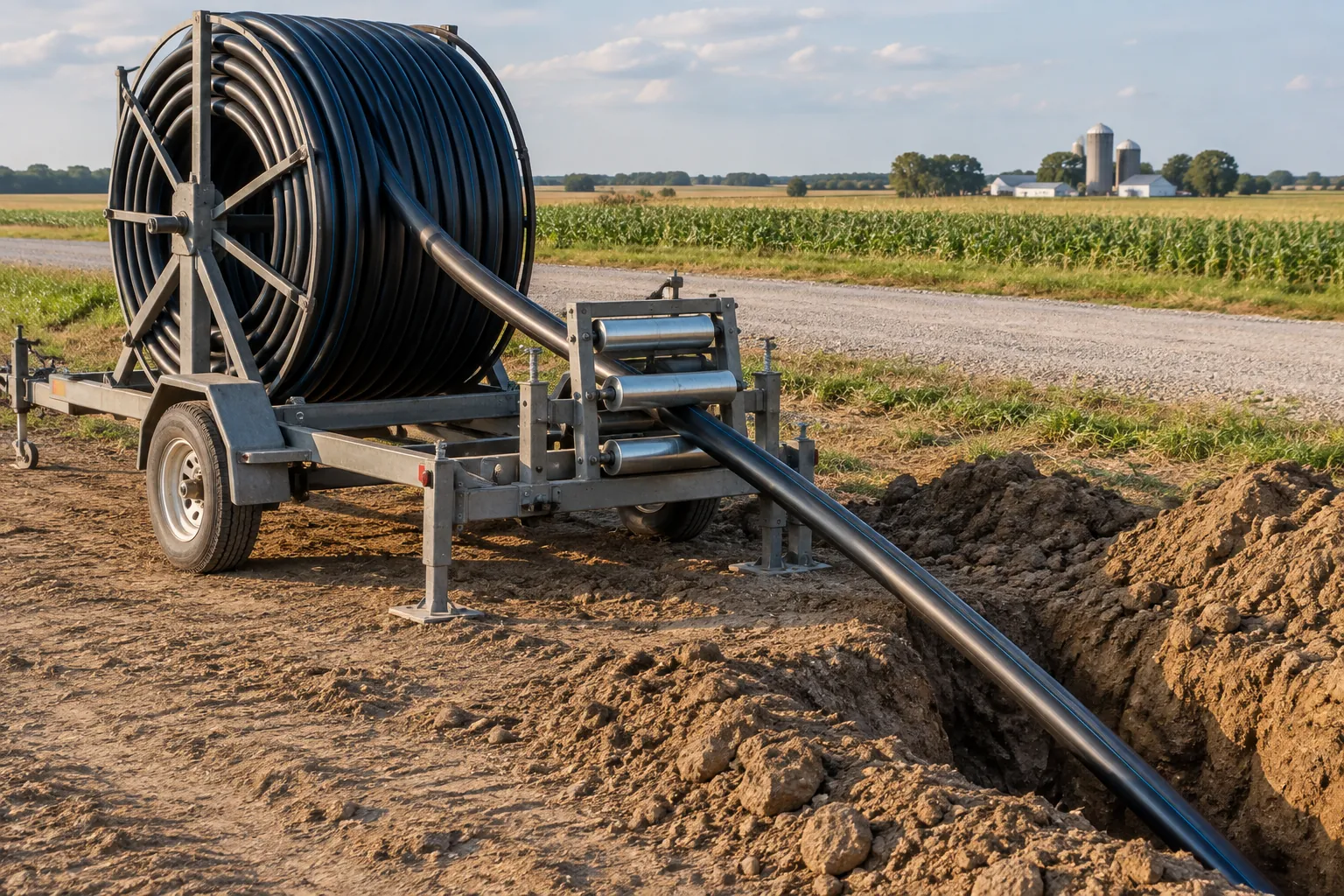 Coil of black HDPE pipe on a steel uncoiling trailer beside a rural trench, the pipe passing through roller straightening wheels before it drops into the trench
