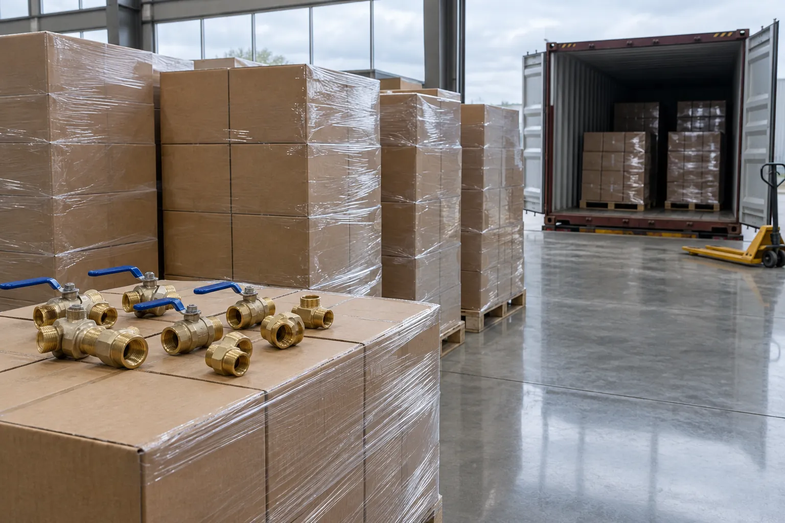 Shrink-wrapped pallets of boxed brass ball valves and threaded brass fittings on a warehouse floor beside a loaded shipping container