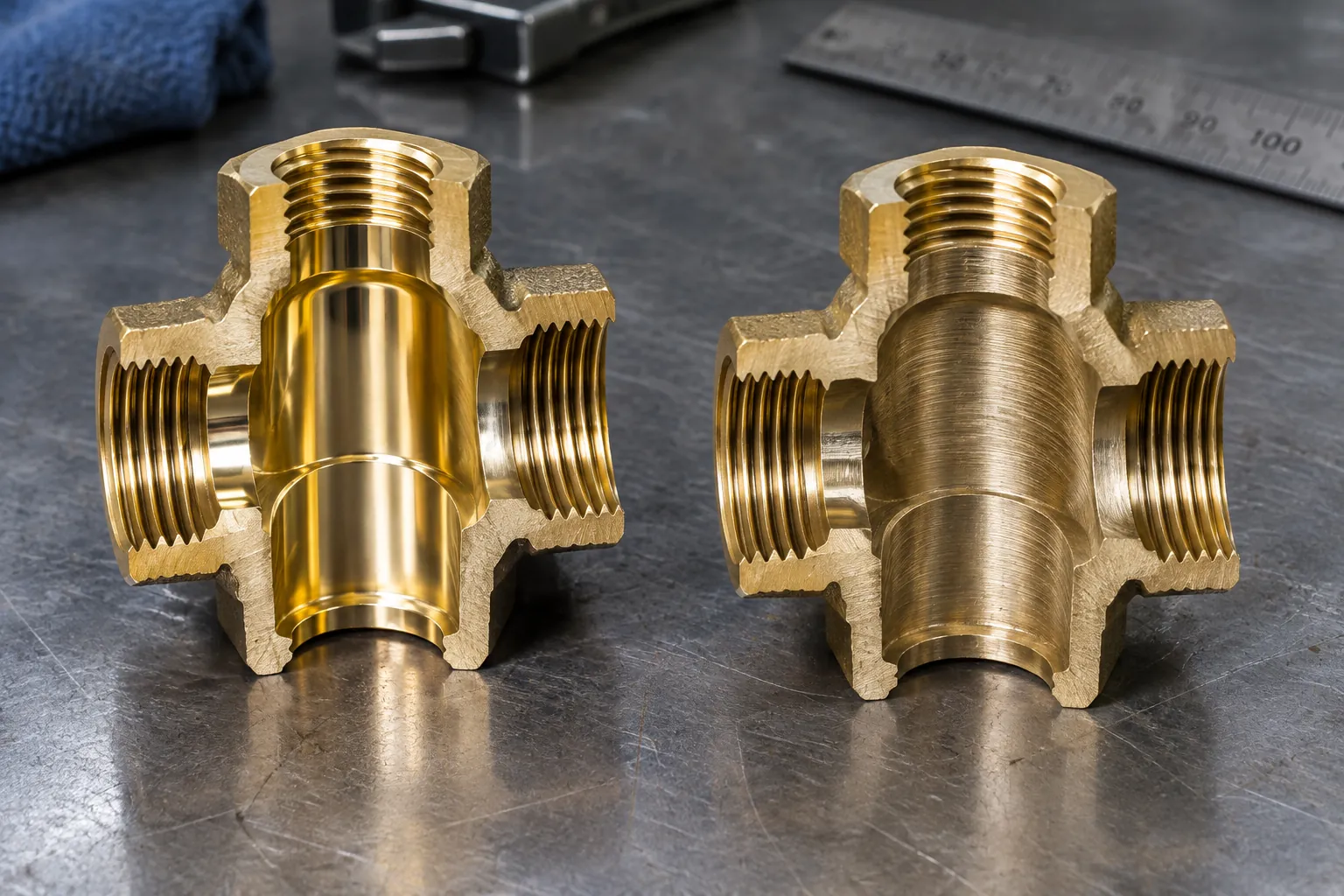 Two brass plumbing fittings sectioned lengthwise on a steel bench, one with a bright polished bore and one with a raw machined bore