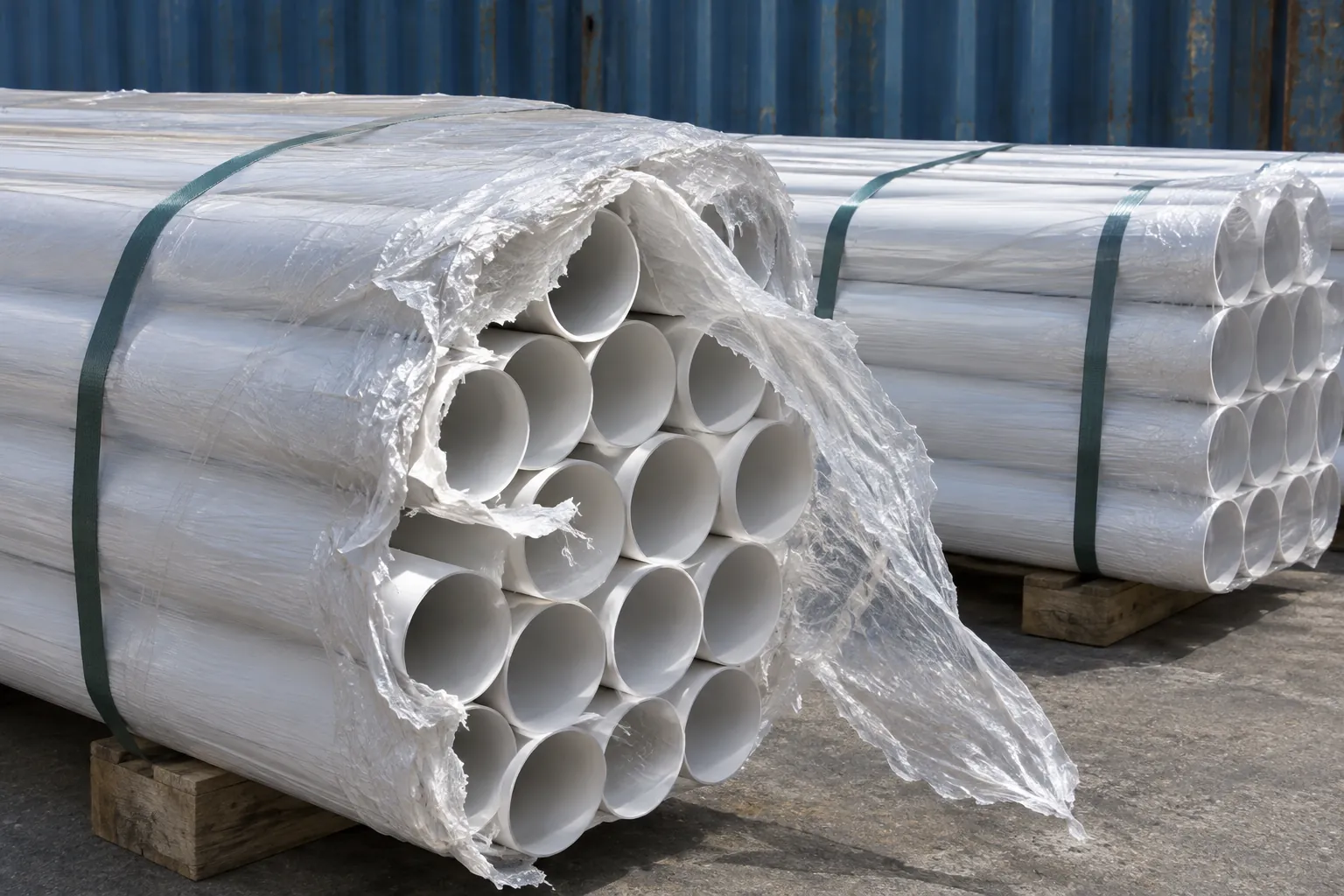Two strapped bundles of white plastic pressure pipe on pallets in front of a blue container wall; the stretch film on the nearer bundle is torn open at the pipe ends while the other bundle is intact