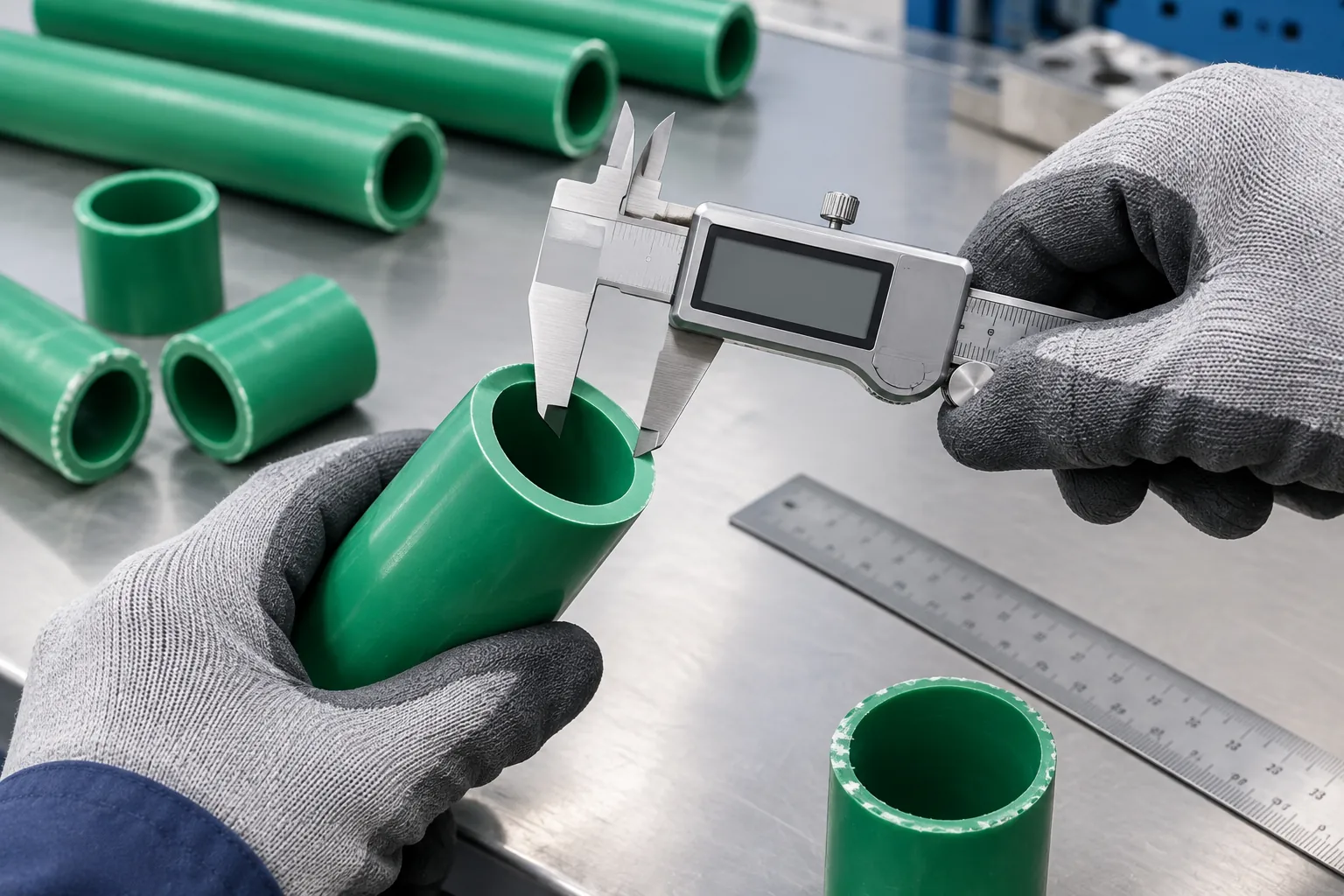 Gloved hands measuring the wall of a cut green plastic pressure pipe with a stainless digital caliper on a steel inspection bench, with pipe offcuts and a steel ruler nearby