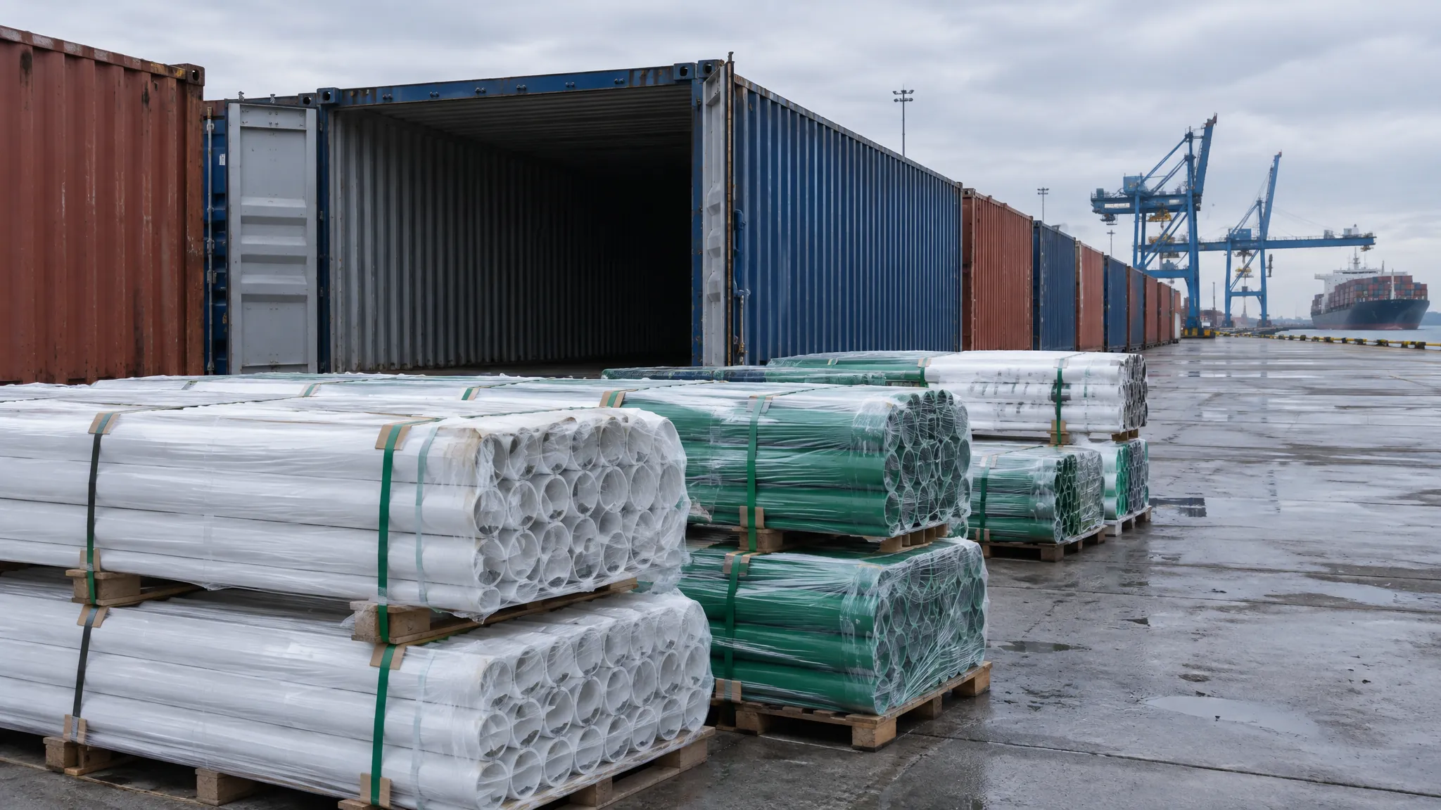 Pallets of white and green plastic pressure pipe, strapped and wrapped in clear film, on a wet container terminal apron in front of an open 40 ft shipping container, with quay cranes and a container ship in the distance