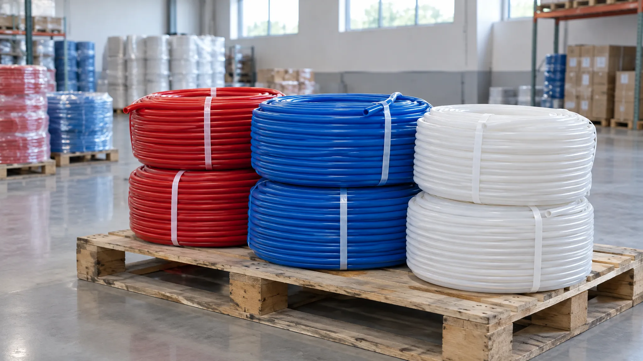 Coils of red, blue and white crosslinked polyethylene PEX water tubing strapped and stacked on a wooden pallet in a clean distribution warehouse