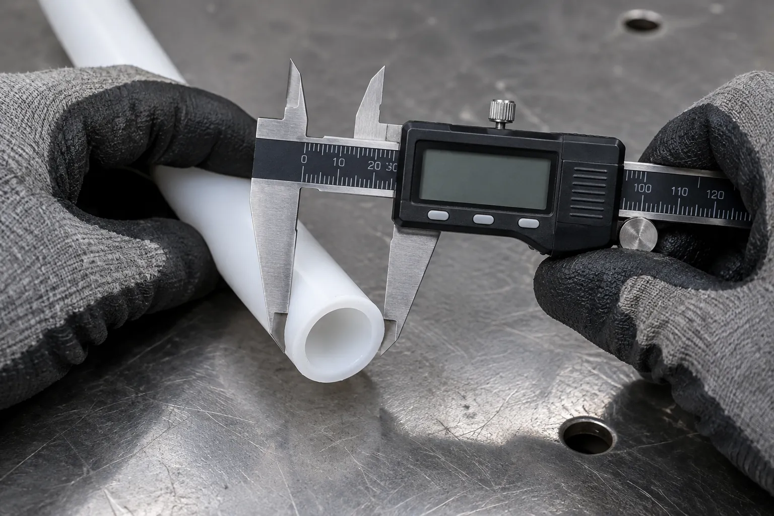 Gloved hands holding a digital caliper across the outside diameter of a white PEX tube end on a steel inspection bench