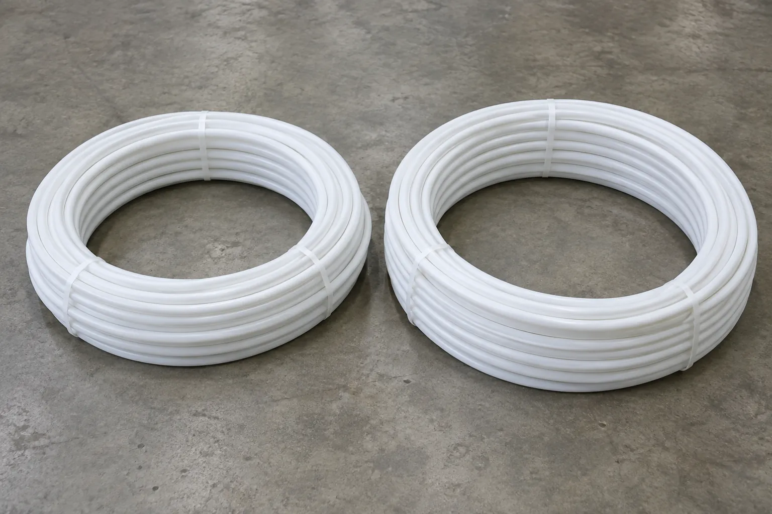 Two coils of white PEX pipe lying side by side on a concrete warehouse floor, nearly identical in appearance, one slightly larger in diameter