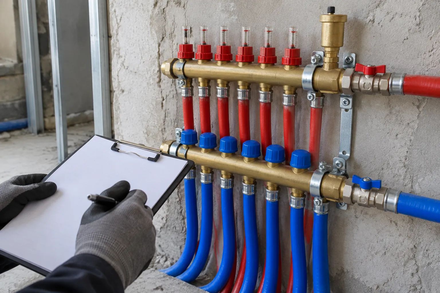 Gloved hands holding a clipboard in front of a brass underfloor heating manifold with red and blue PEX pipes connected by fittings on a site wall