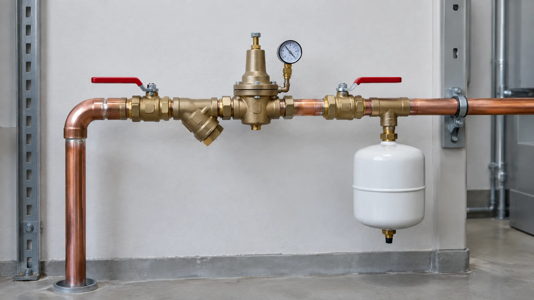 Brass pressure reducing valve station on a copper water service with a Y-strainer, ball valves on both sides and a white expansion tank