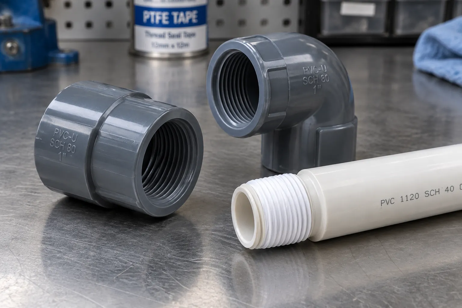 Grey PVC-U Schedule 80 female threaded coupling and elbow on a steel bench beside a white PVC pipe with a tapered male thread
