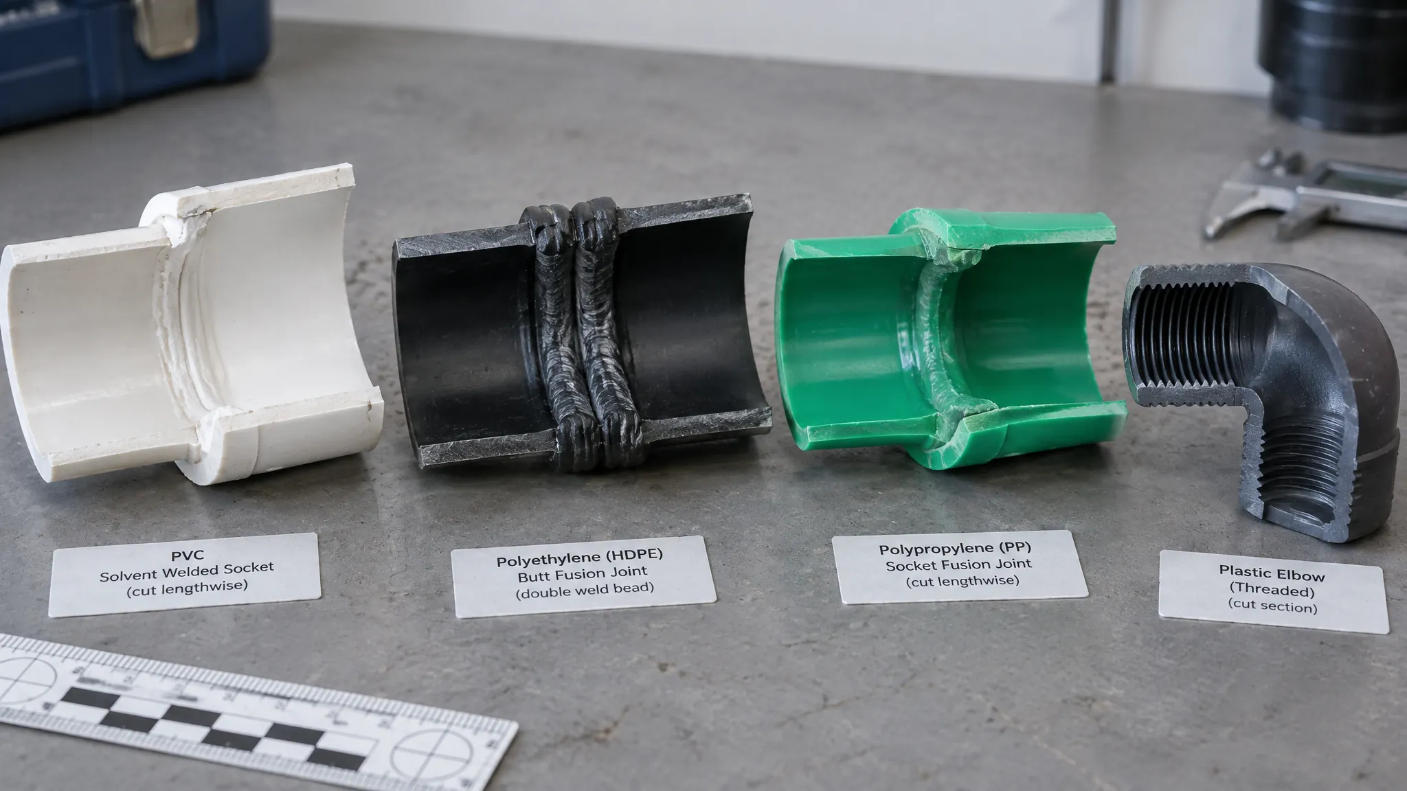 Cut sections of a solvent-welded PVC socket, an HDPE butt-fusion joint, a PP socket-fusion joint and a threaded plastic elbow laid out on a bench for failure analysis